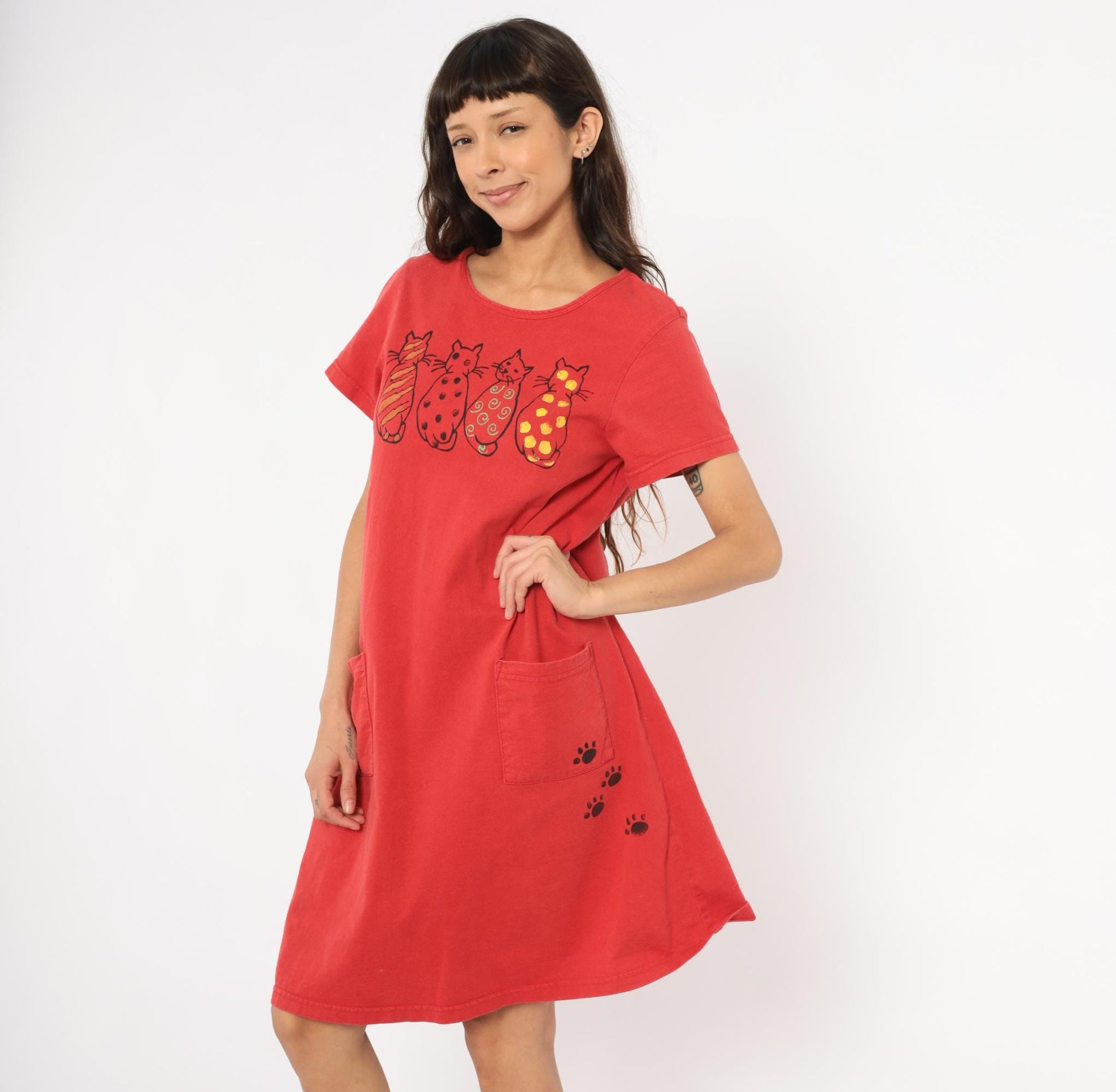 90s Cat T-Shirt Dress Red Cotton Graphic Paw Print Scoop Neck Small Medium