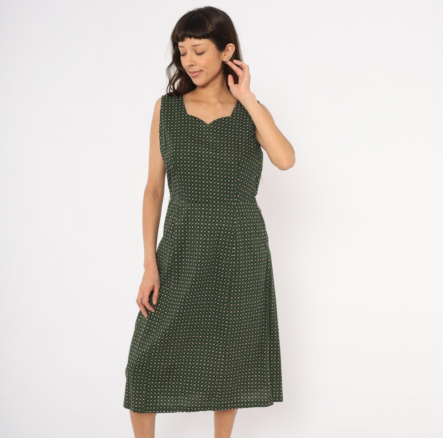 60s Heart Floral Cotton Dress Sweetheart Neckline Pencil Skirt Forest Green Large L