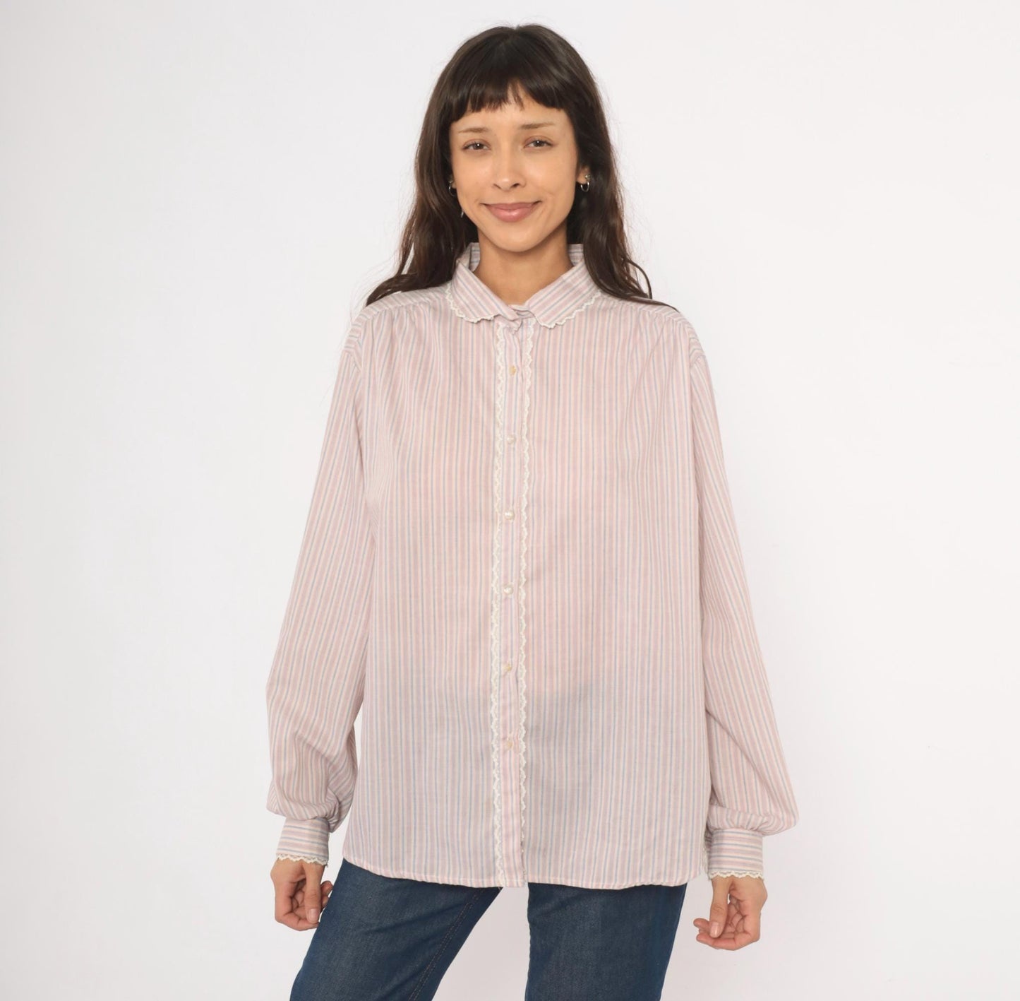 80s Laura Mae Striped Cotton Blouse Peter Pan Collar Lace Trim Extra Large XL