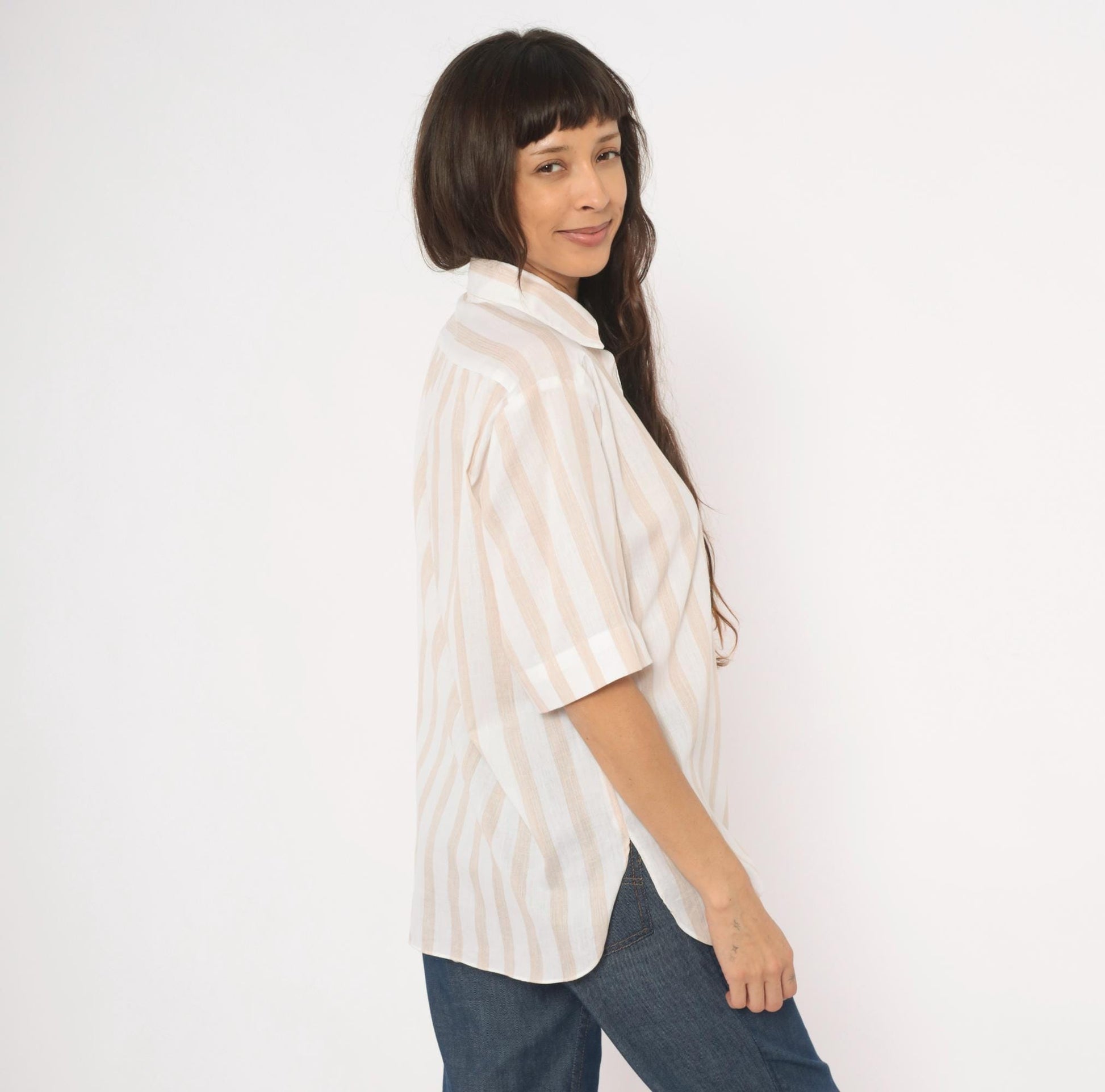 80s All Hours Cream Tan Striped Button-Front Blouse Pointed Collar Large