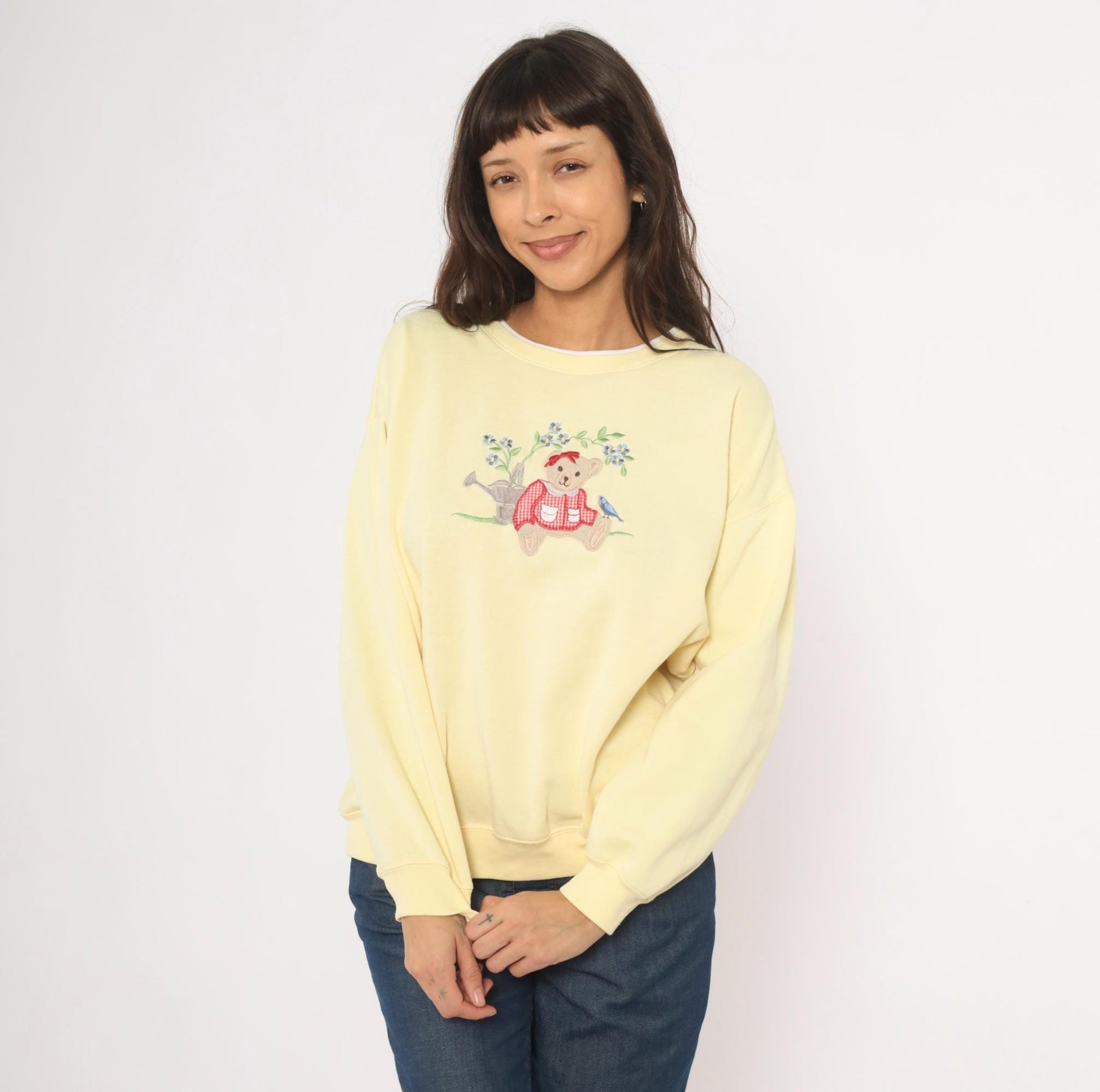 90s Classic Elements Teddy Bear Embroidered Sweatshirt Butter Yellow Crewneck Large L