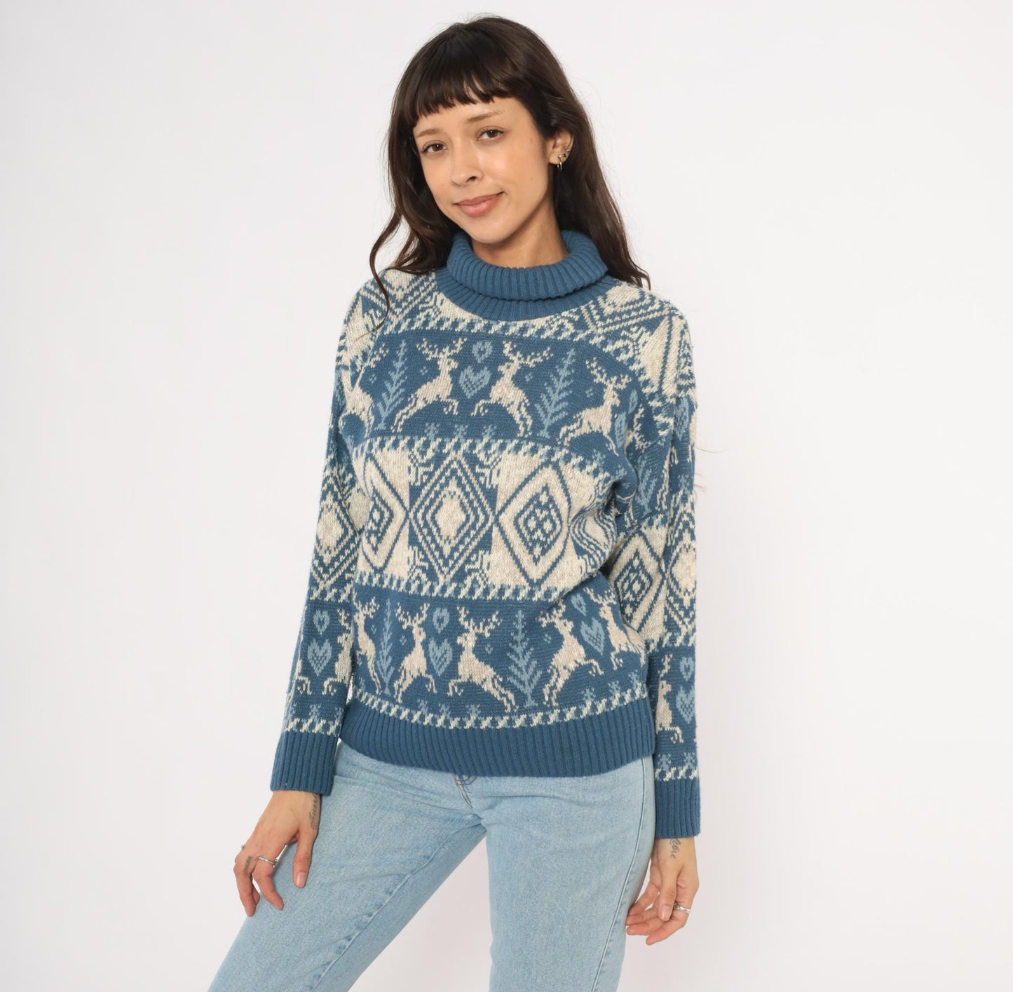 90s United States Sweaters Reindeer Fair Isle Turtleneck Blue Cream Small