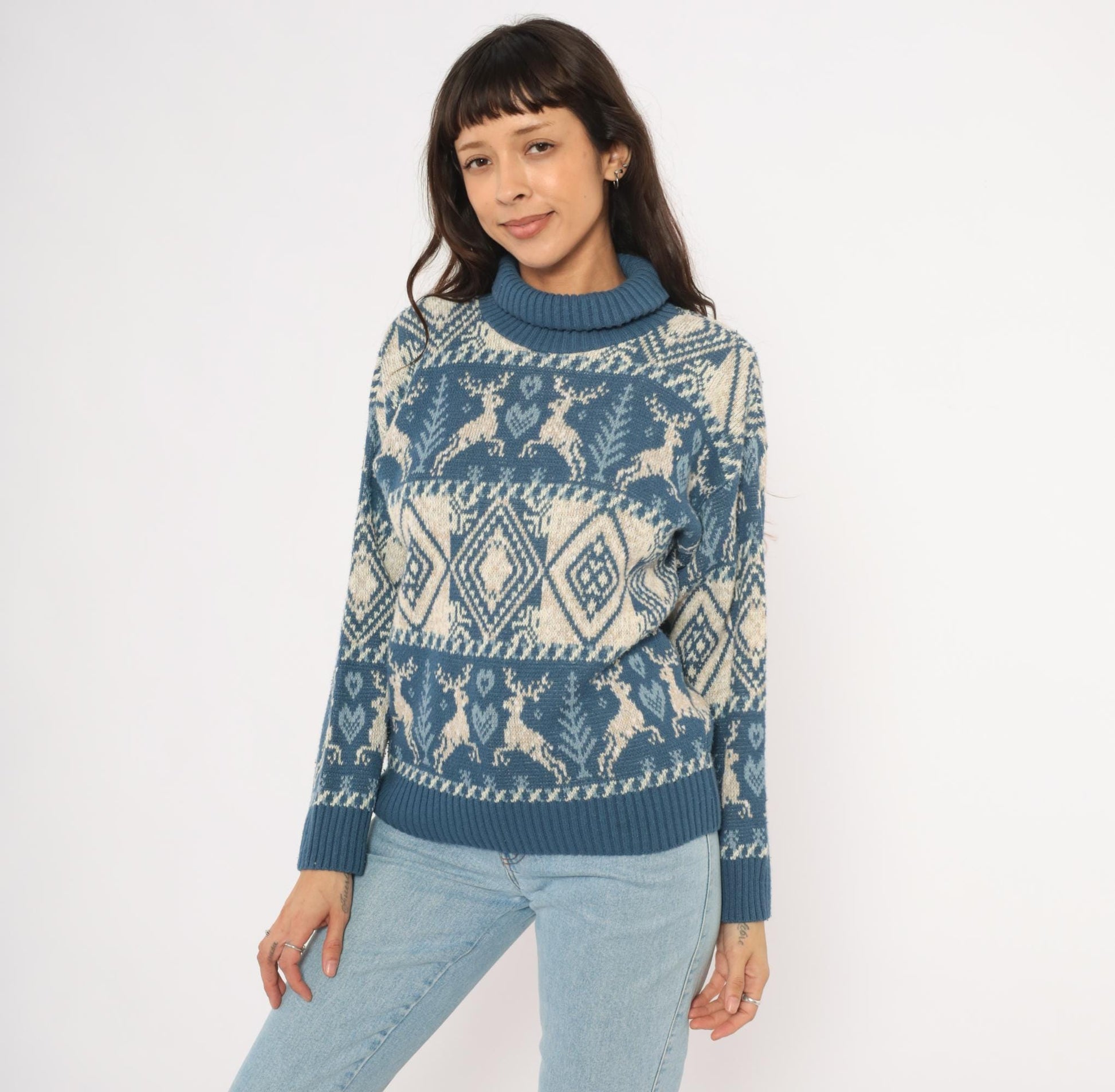 90s United States Sweaters Reindeer Fair Isle Turtleneck Blue Cream Small