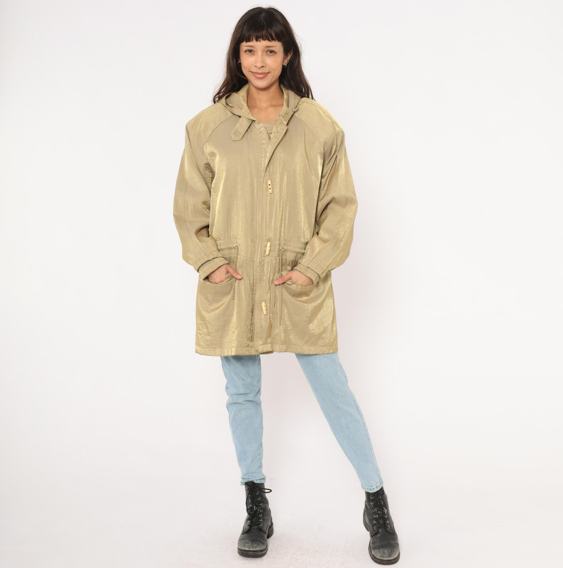 90s Diana Marco Gold Metallic Hooded Parka Windbreaker Large L