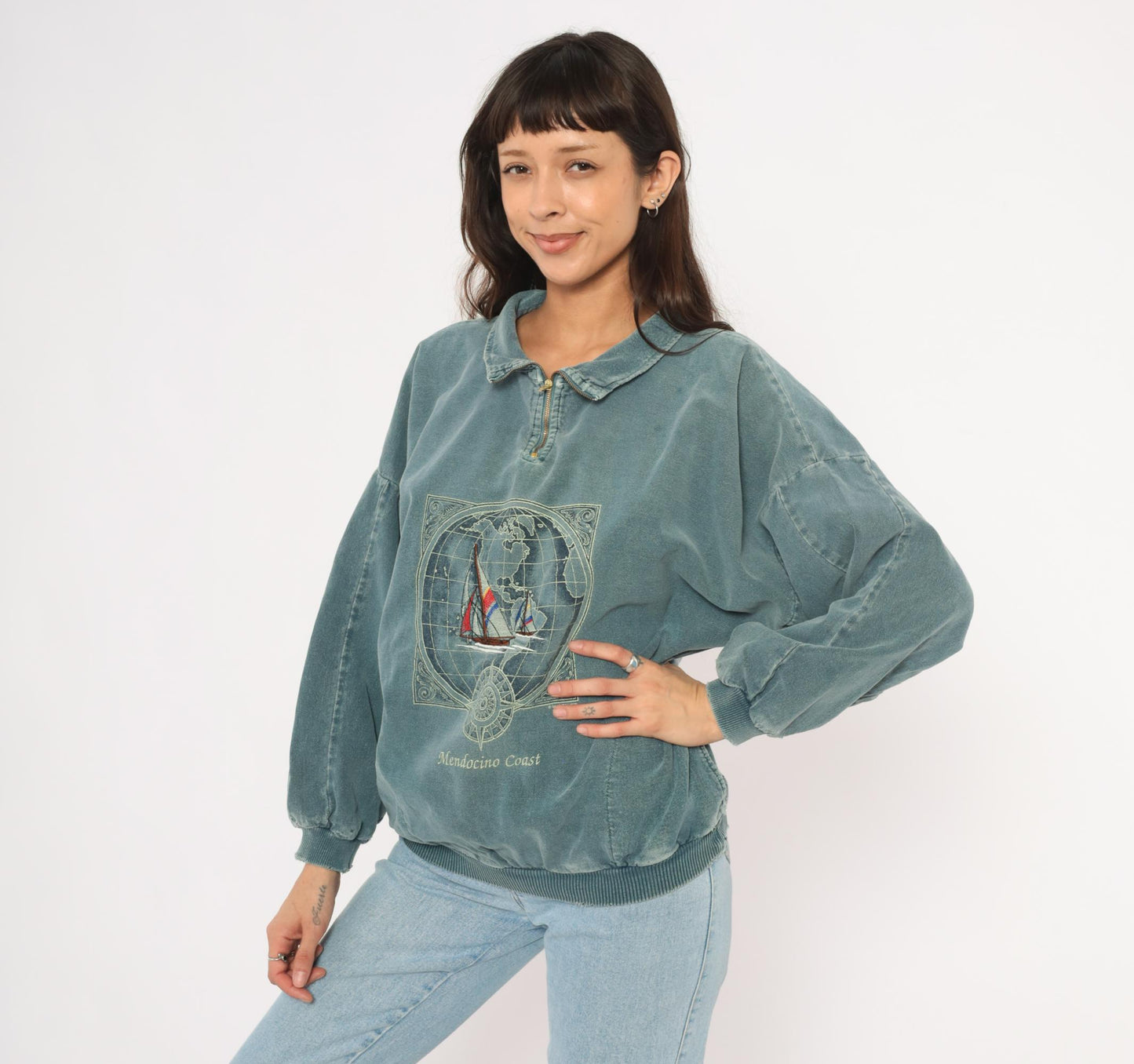 90s Sansegal Sportswear Mendocino Coast Sailboat Quarter-Zip Sweatshirt Grey Blue Medium