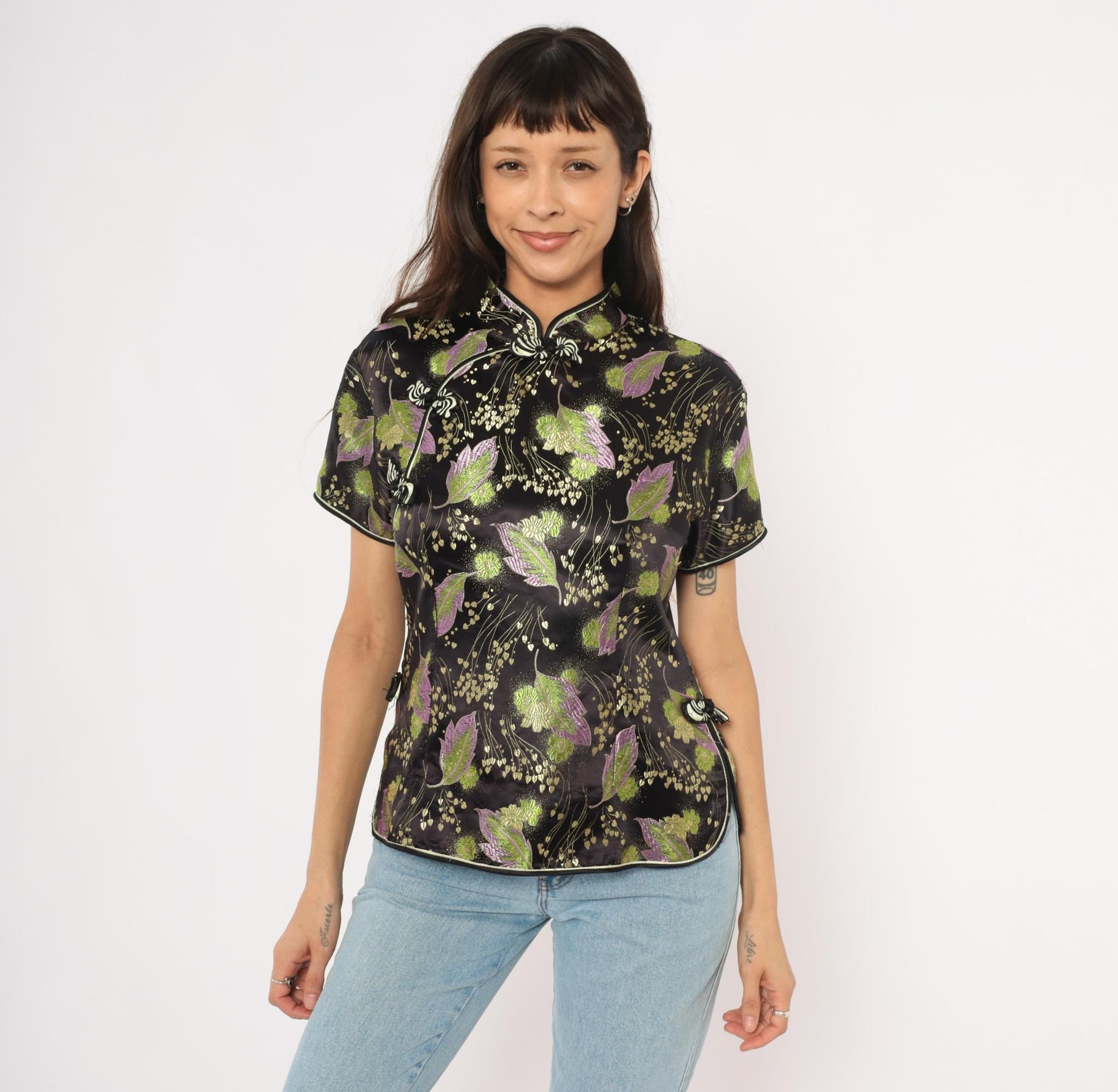 90s Mimi Cheongsam Top Black Brocade Floral Mandarin Collar Plus Size XXL