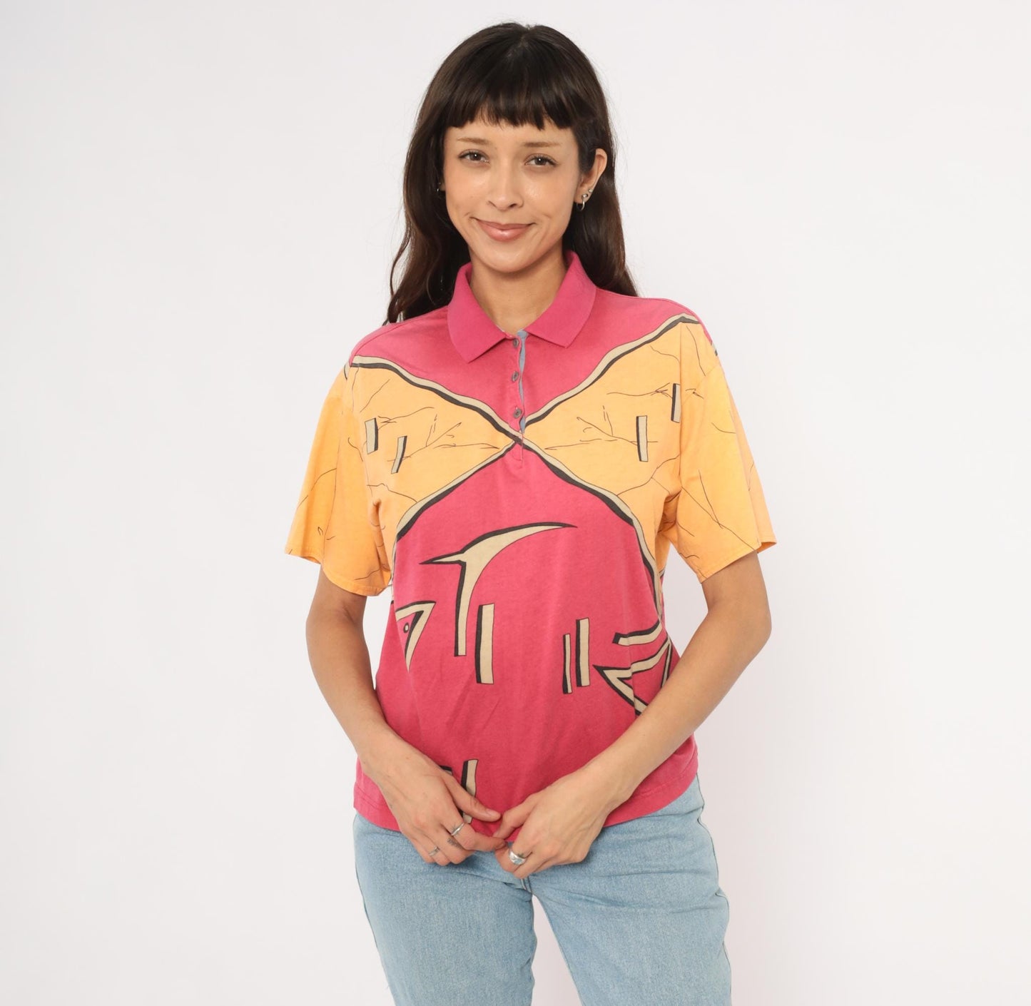 90s Ixspa Abstract Polo Pink Orange Cotton Geometric Graphic Medium