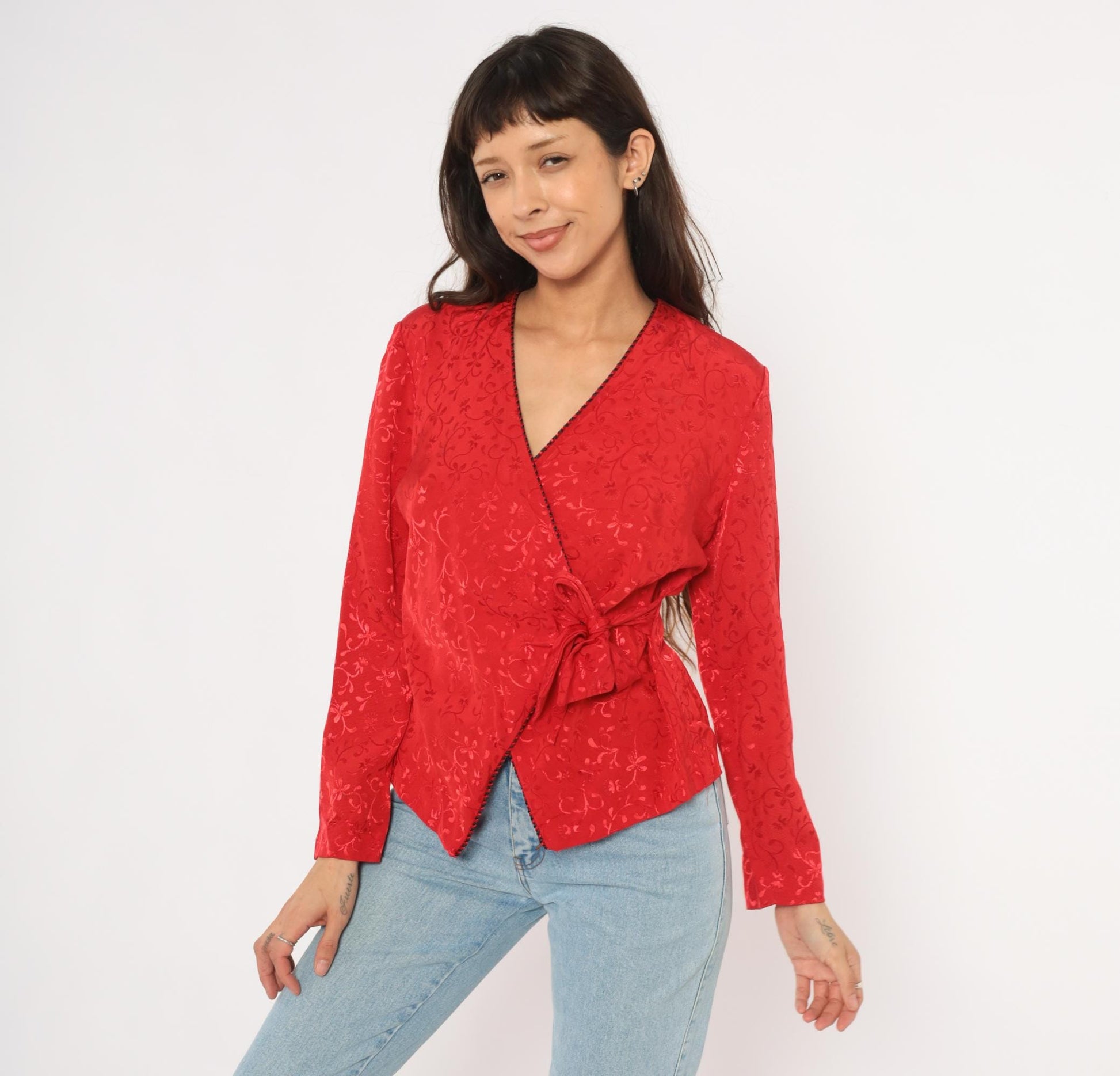 90s SL Petites Red Jacquard Wrap Blouse Floral Vine Embossed Small S