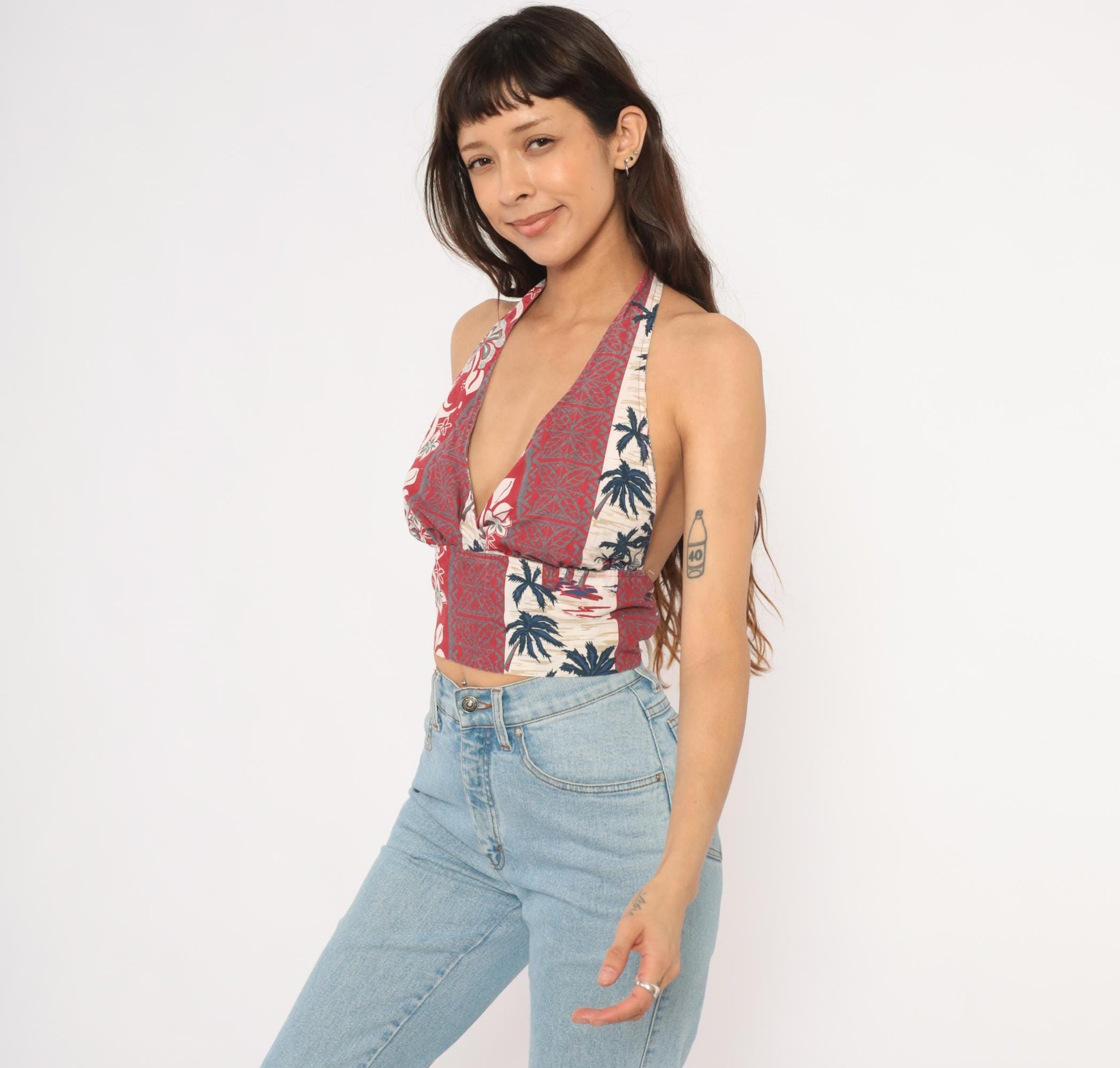 Y2K Hawaiian Halter Crop Top Tropical Print Red Navy Cream Small S