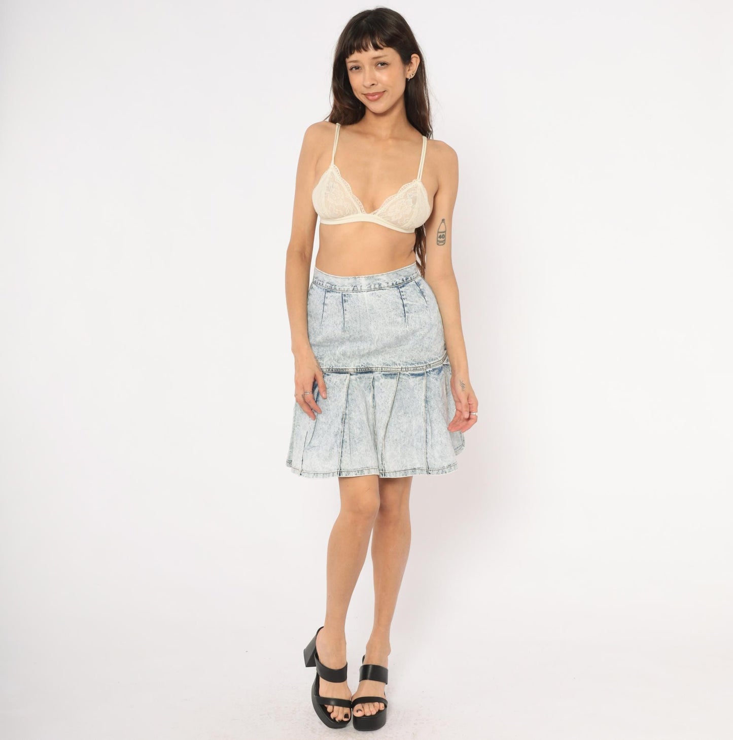 90s Free Agent Acid Wash Denim Mini Skirt Pleated Drop Waist Light Blue Small S