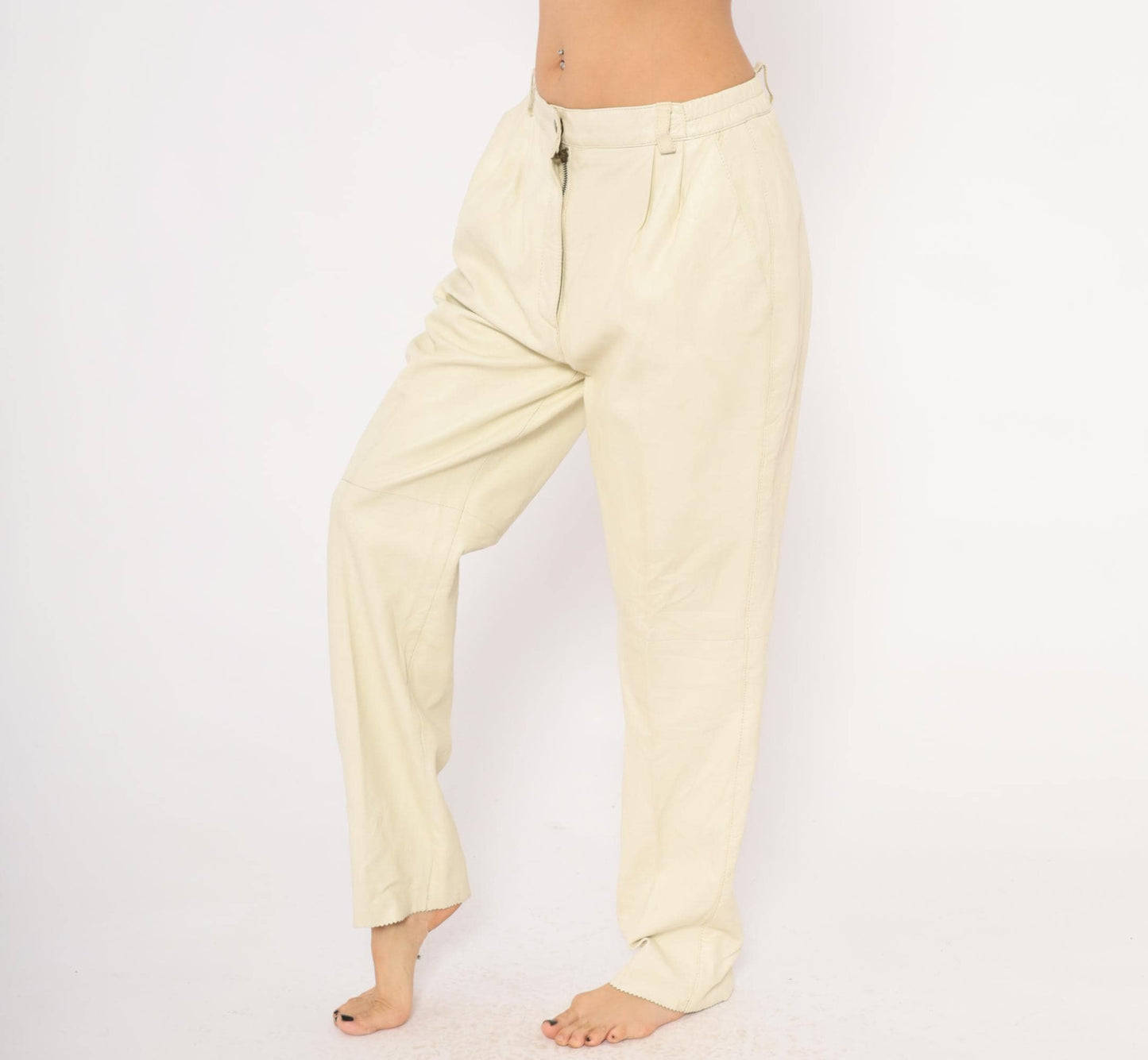 80s Masart Cream Leather Pants Pleated Front Straight Leg Mid-Rise Size 16