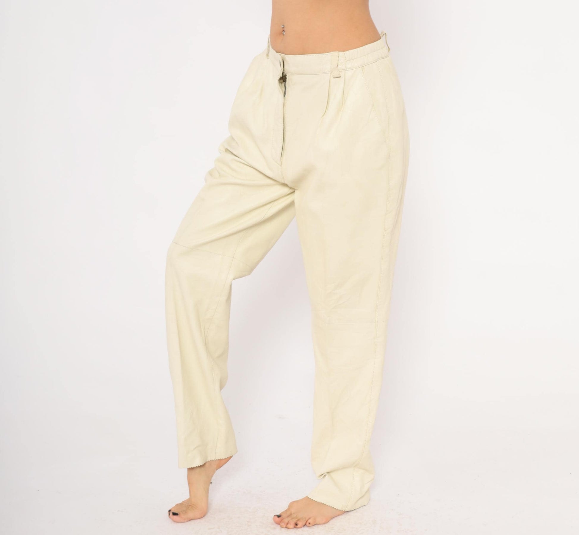 80s Masart Cream Leather Pants Pleated Front Straight Leg Mid-Rise Size 16