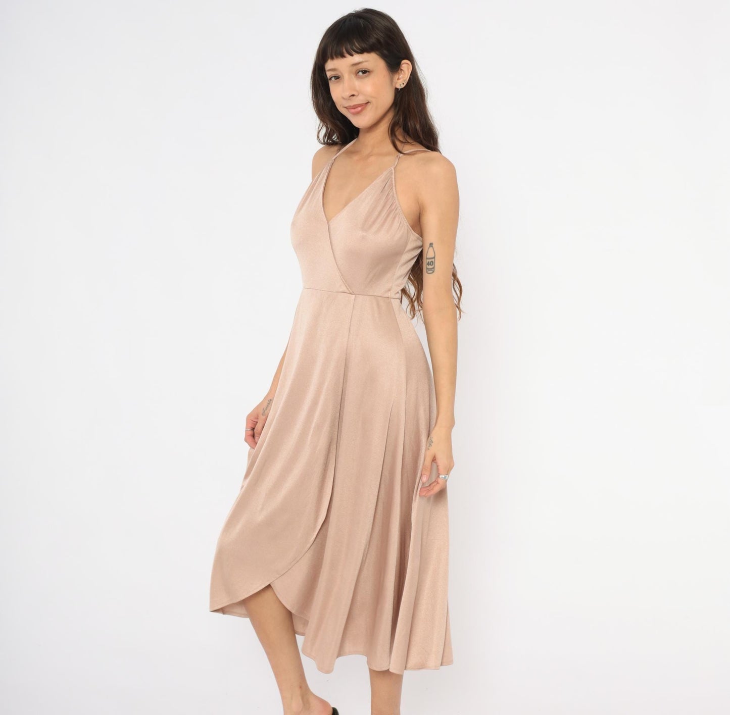 70s Nude Halter Midi Dress Wrap Front Surplice Neckline Tulip Hem Medium