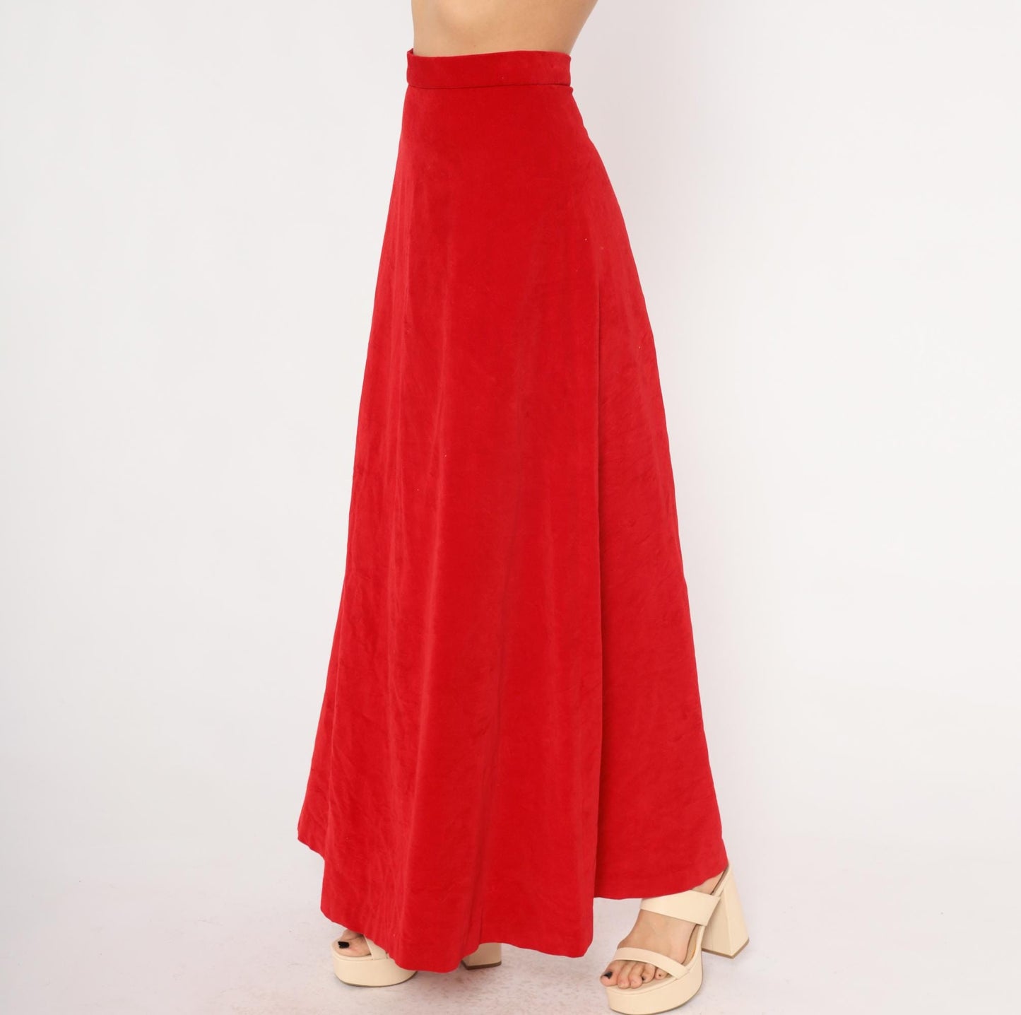 70s Red Velvet Maxi Skirt High Waist A-Line Floor Length Small