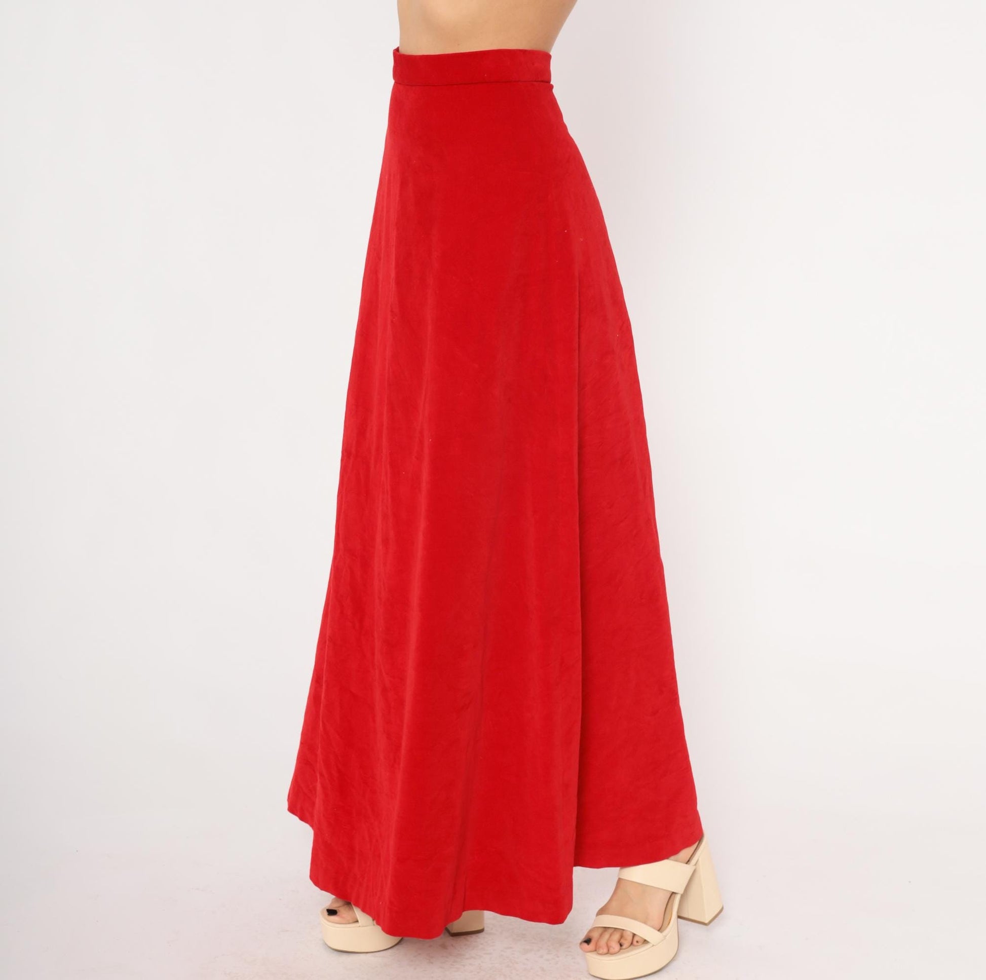 70s Red Velvet Maxi Skirt High Waist A-Line Floor Length Small