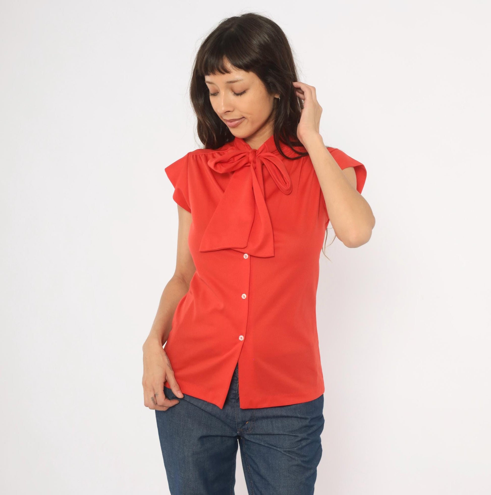 70s Red Bow Neck Blouse Cap Sleeve Button Front Polyester Small S