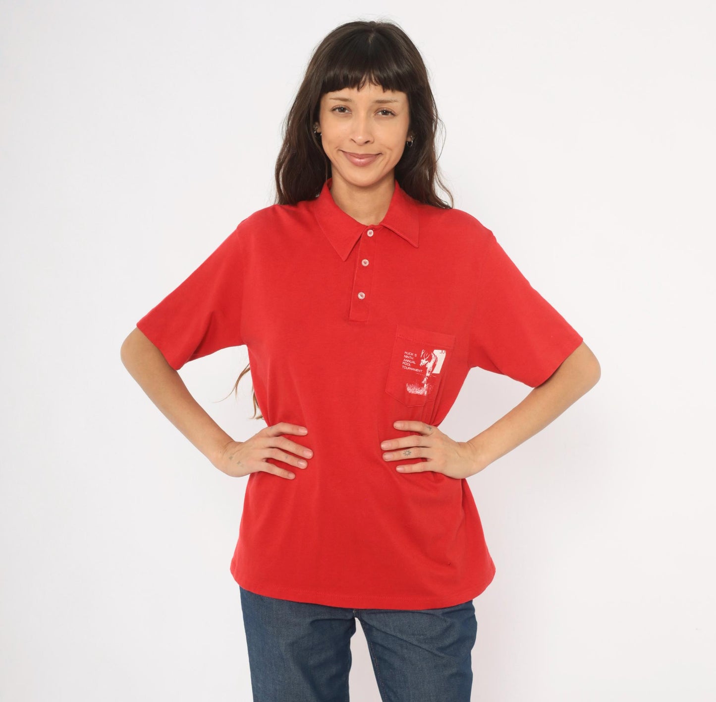 80s Stedman Pool Tournament Polo Shirt Red Billiards Graphic Large L