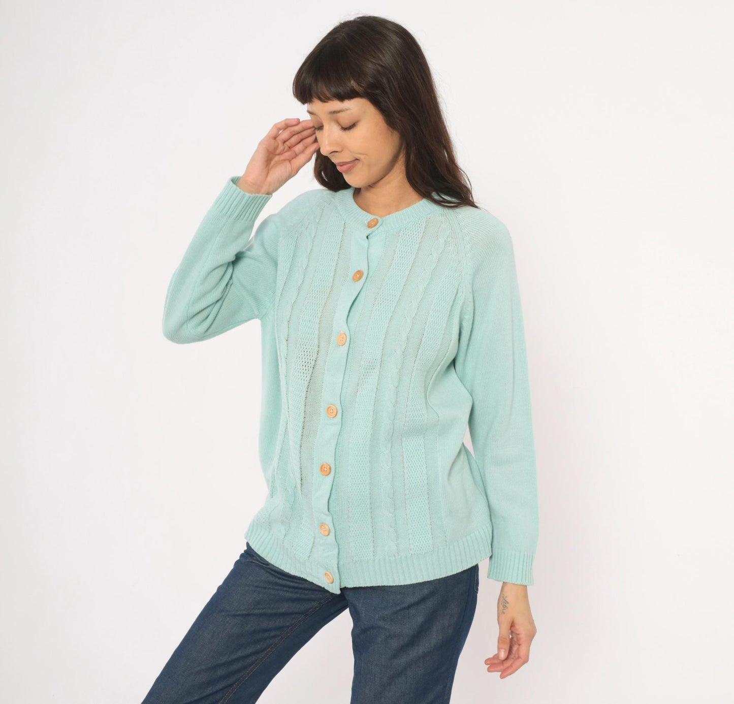 80s Seafoam Cable Knit Cardigan Mint Green Crewneck Medium M