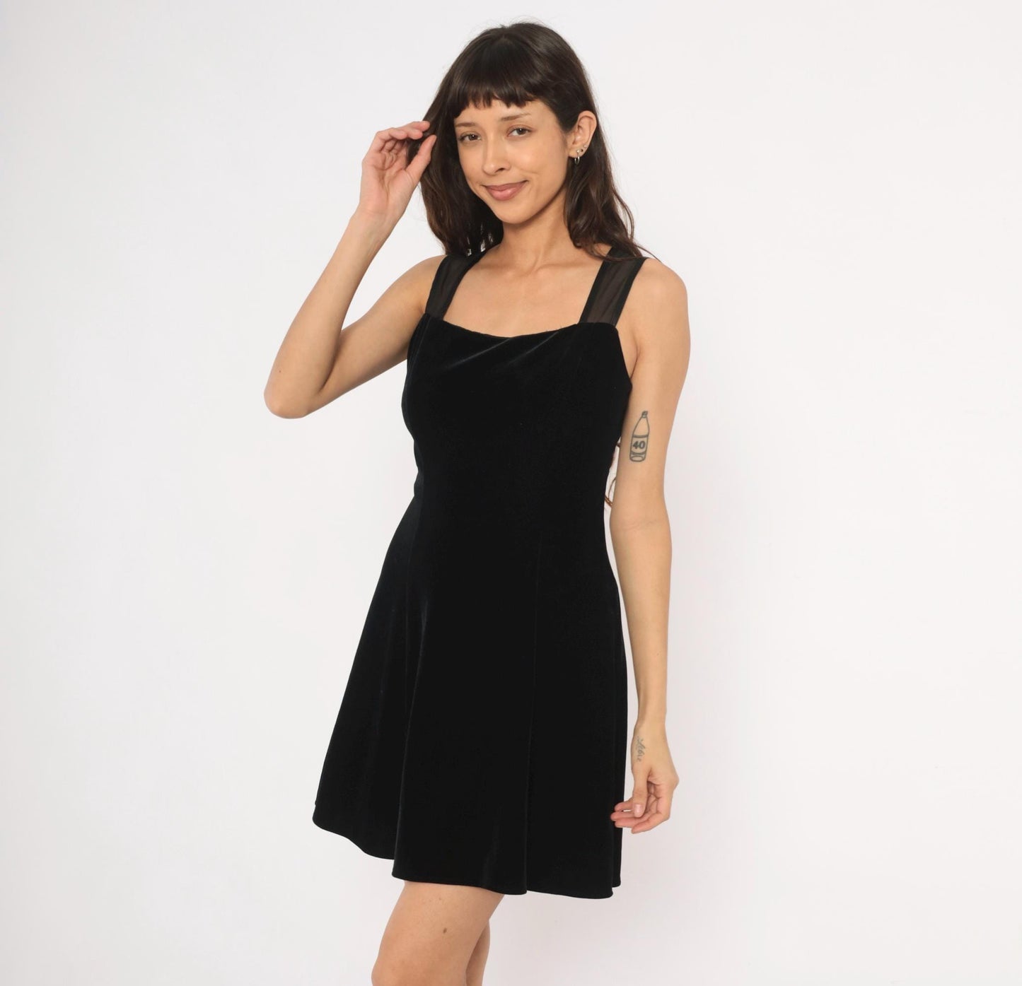 90s Betsy and Adam Black Velvet Mini Dress Sweetheart Neckline Mesh Back Medium M