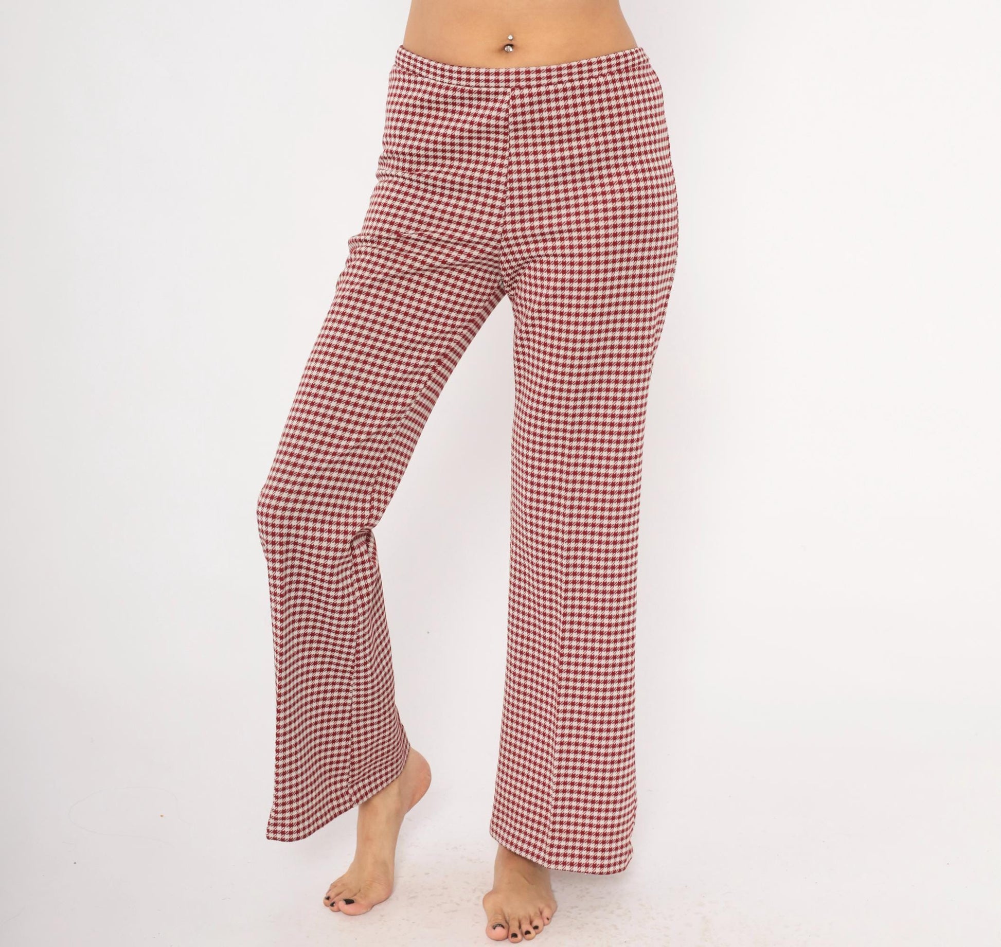 70s Houndstooth Flare Pants Burgundy Cream Low Rise Bell Bottom Medium