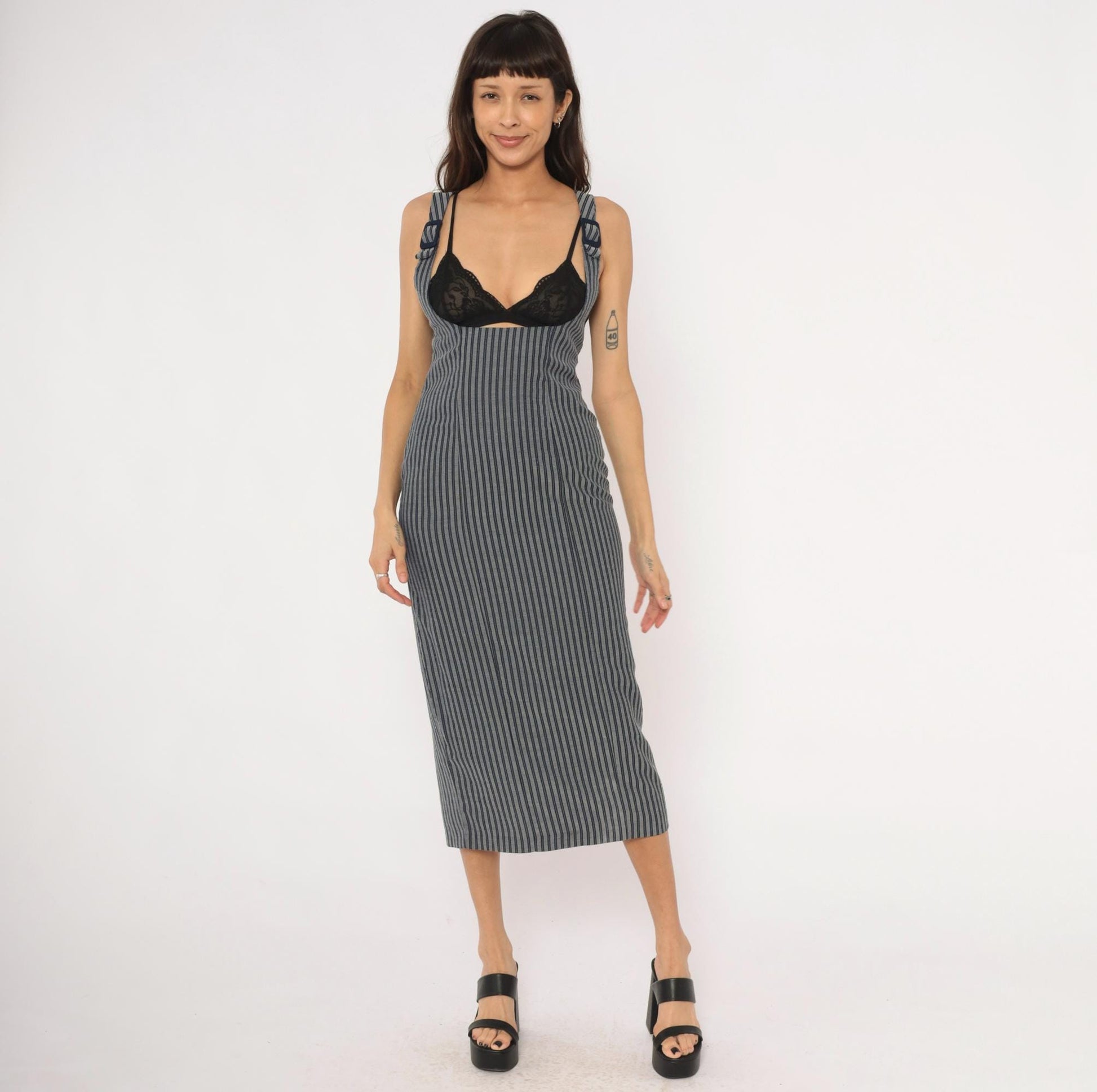 90s Rampage Navy Grey Pinstripe Midi Dress Fitted Sleeveless Small S