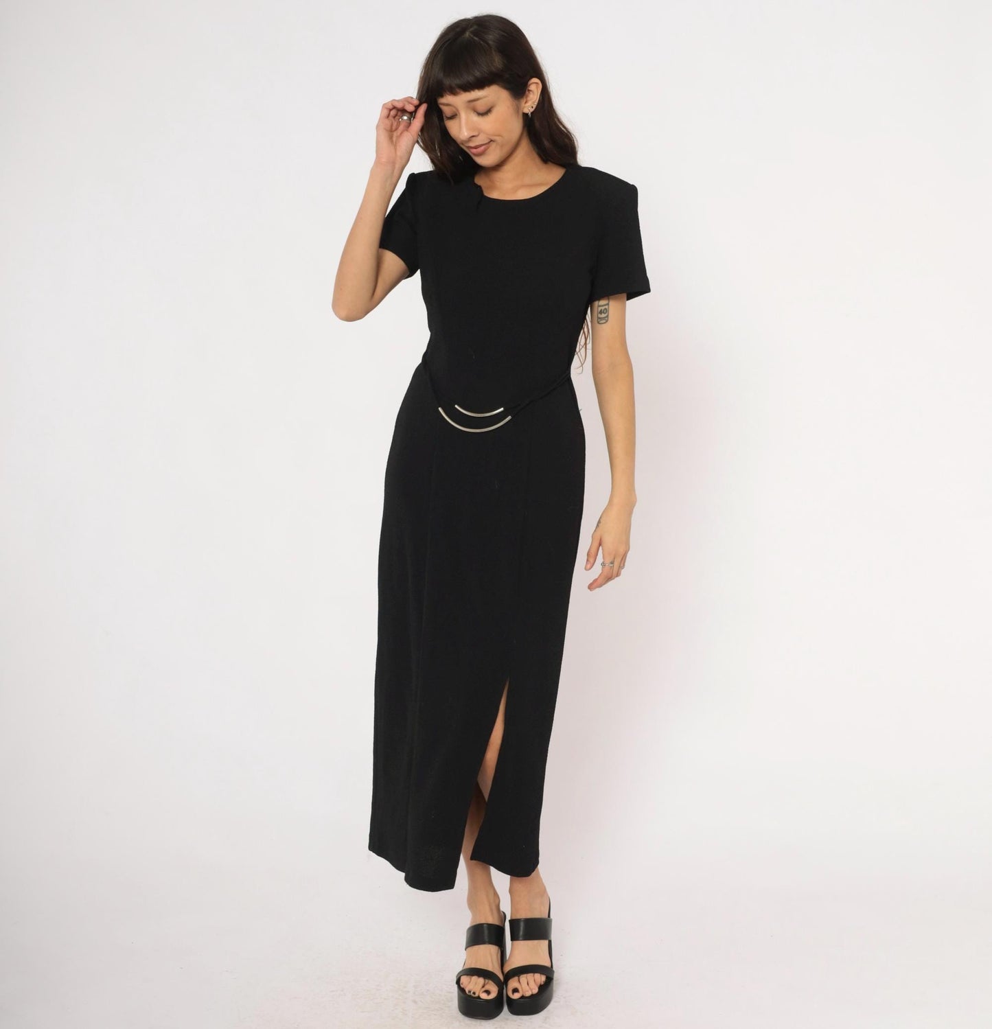 90s Scarlett Black Maxi Dress Silver Metal Waist Accents Short Sleeve Small