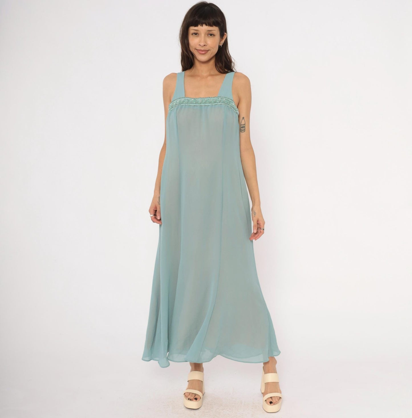 80s Ursula Ice Blue Maxi Dress Beaded Chiffon Empire Waist Small