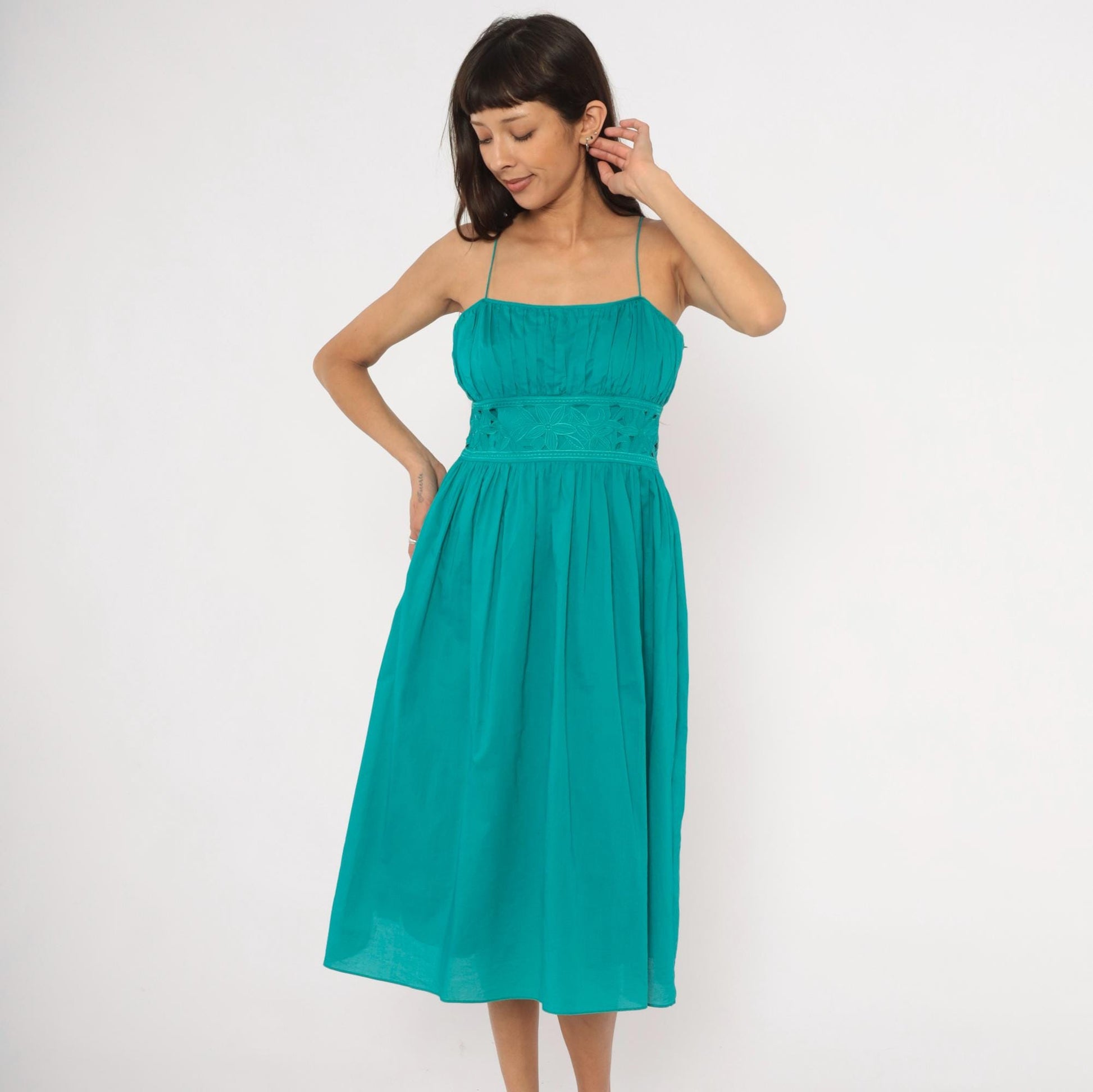 90s Jessica Howard Teal Midi Sundress Embroidered Eyelet Cotton Small
