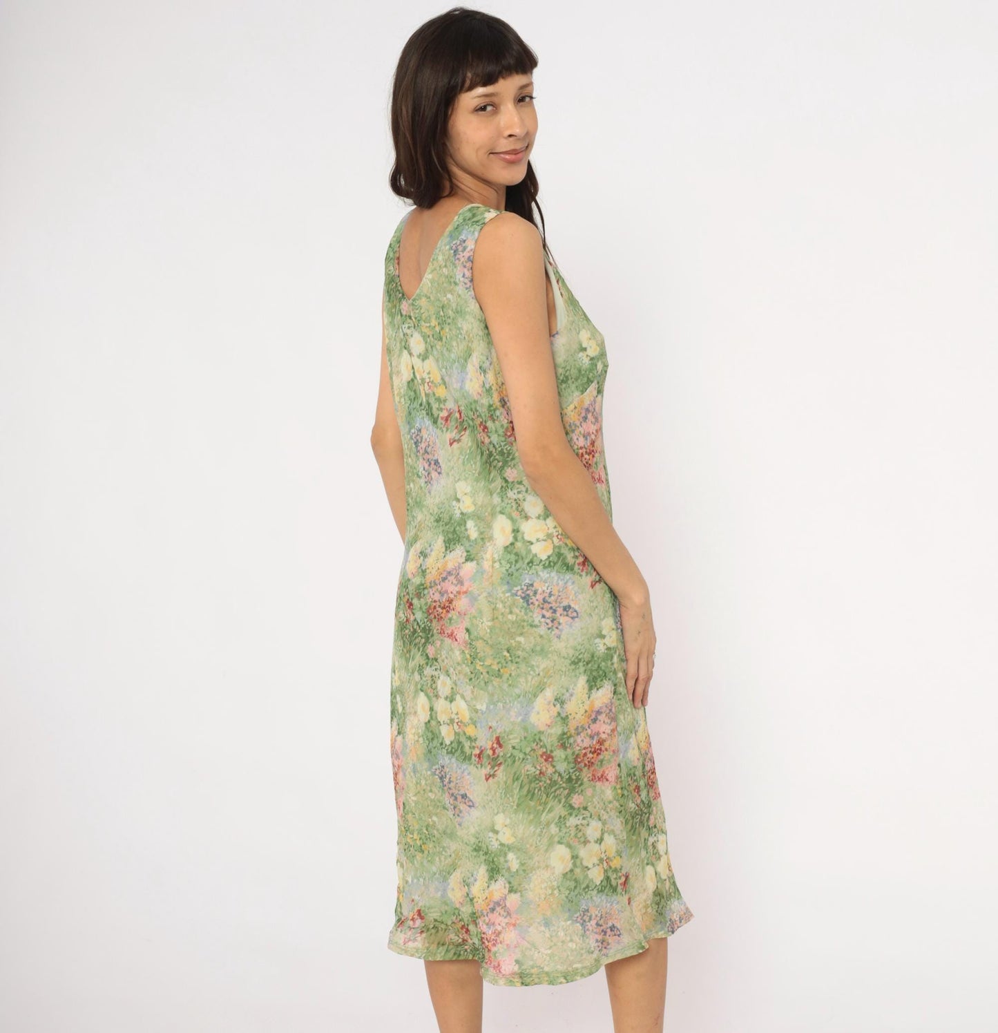 90s K Studio Floral Midi Dress Impressionist Garden Print Green Pink Extra Large