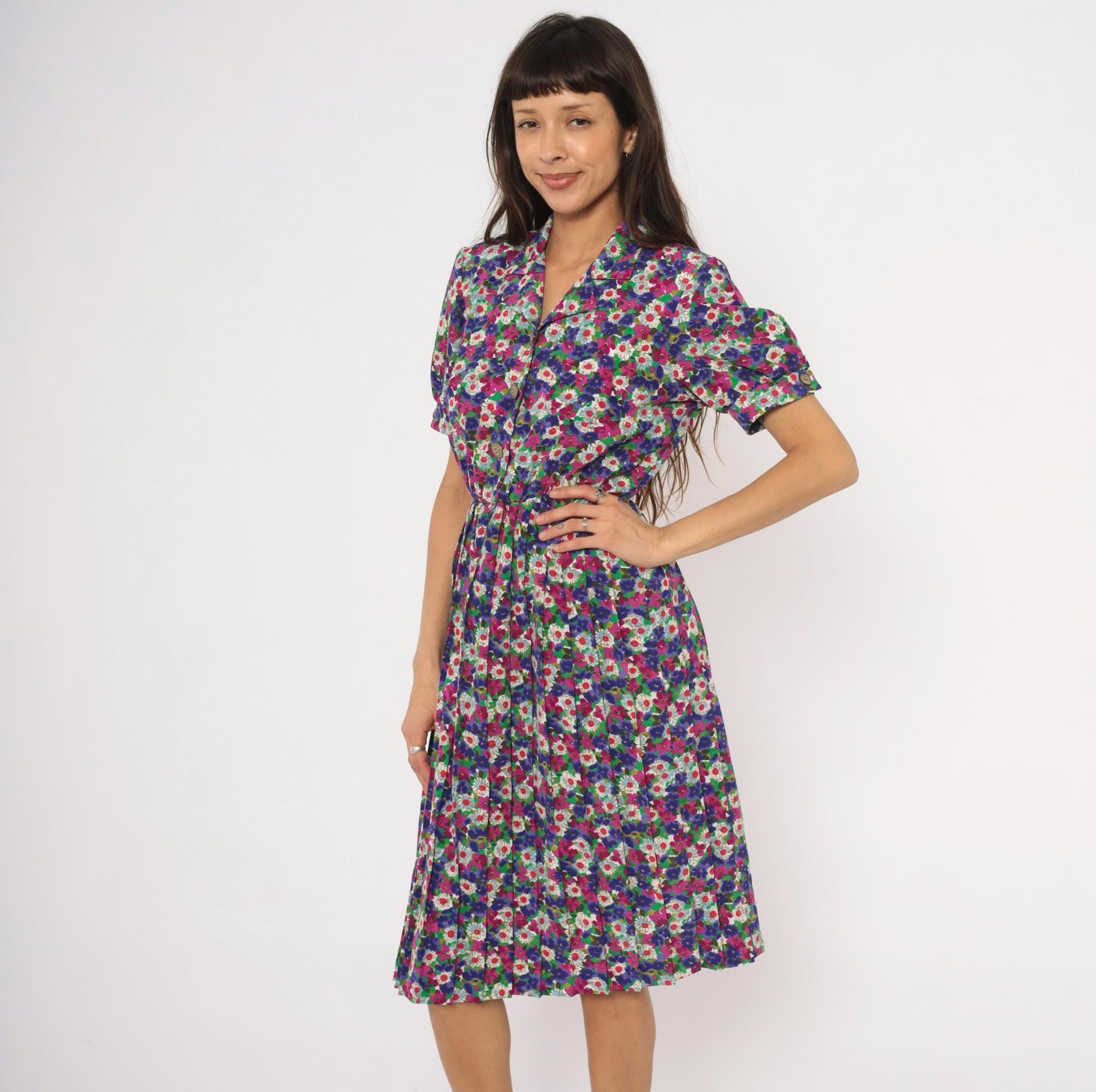 80s Winning Ticket Floral Shirtdress Purple Garden Print Puff Sleeve Small