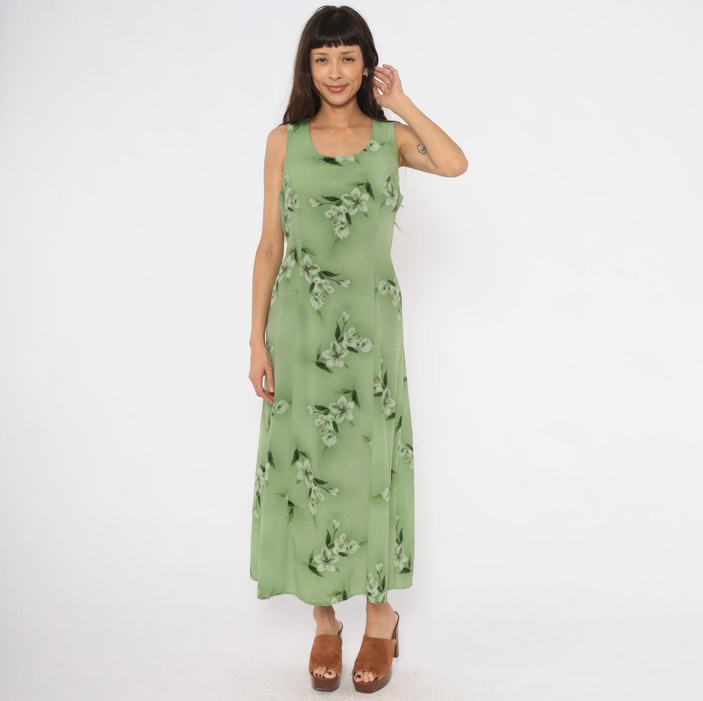 90s Fashion Bug Sage Green Floral Maxi Dress Sleeveless A-Line Large L