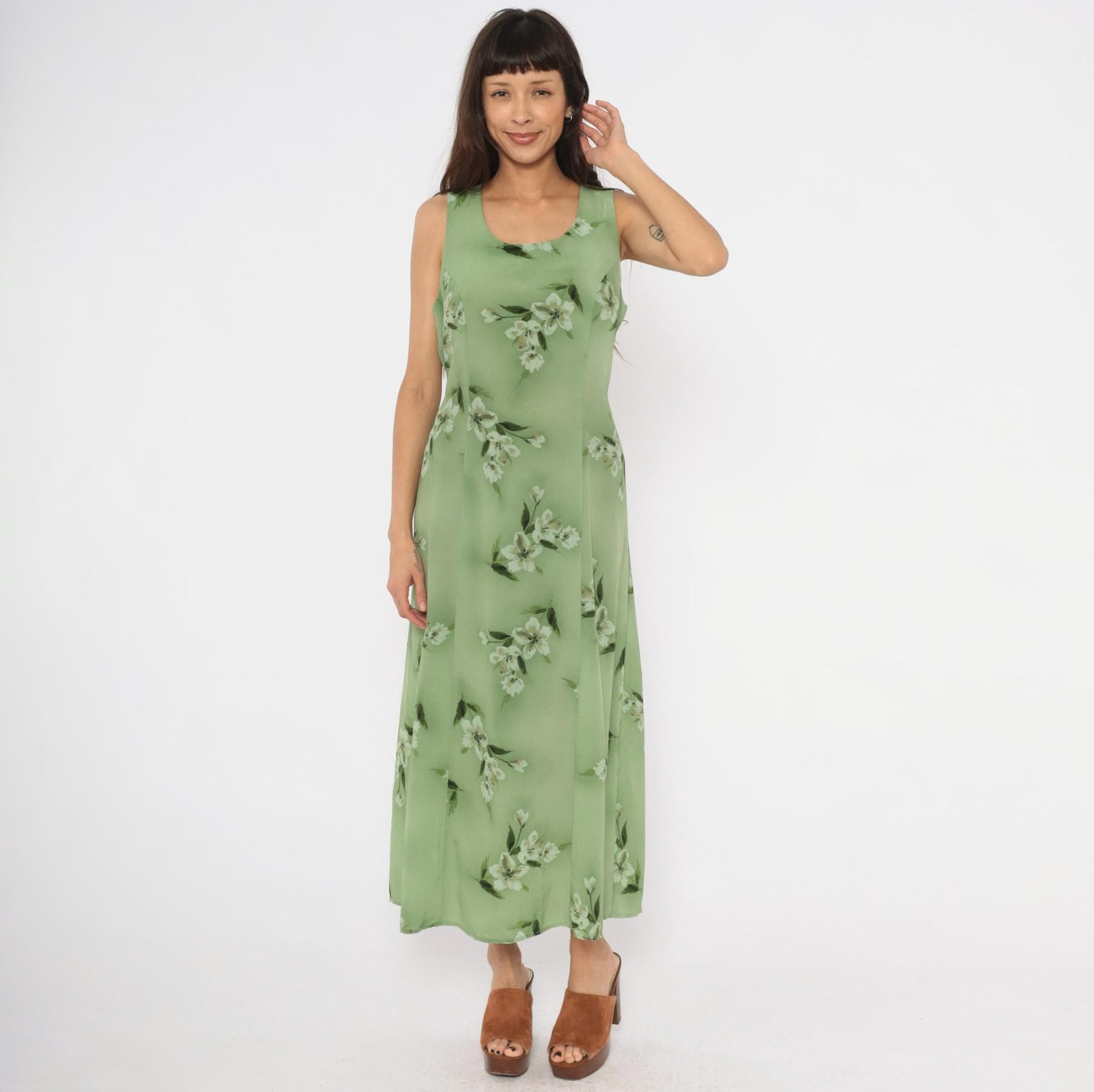 90s Fashion Bug Sage Green Floral Maxi Dress Sleeveless A-Line Large L