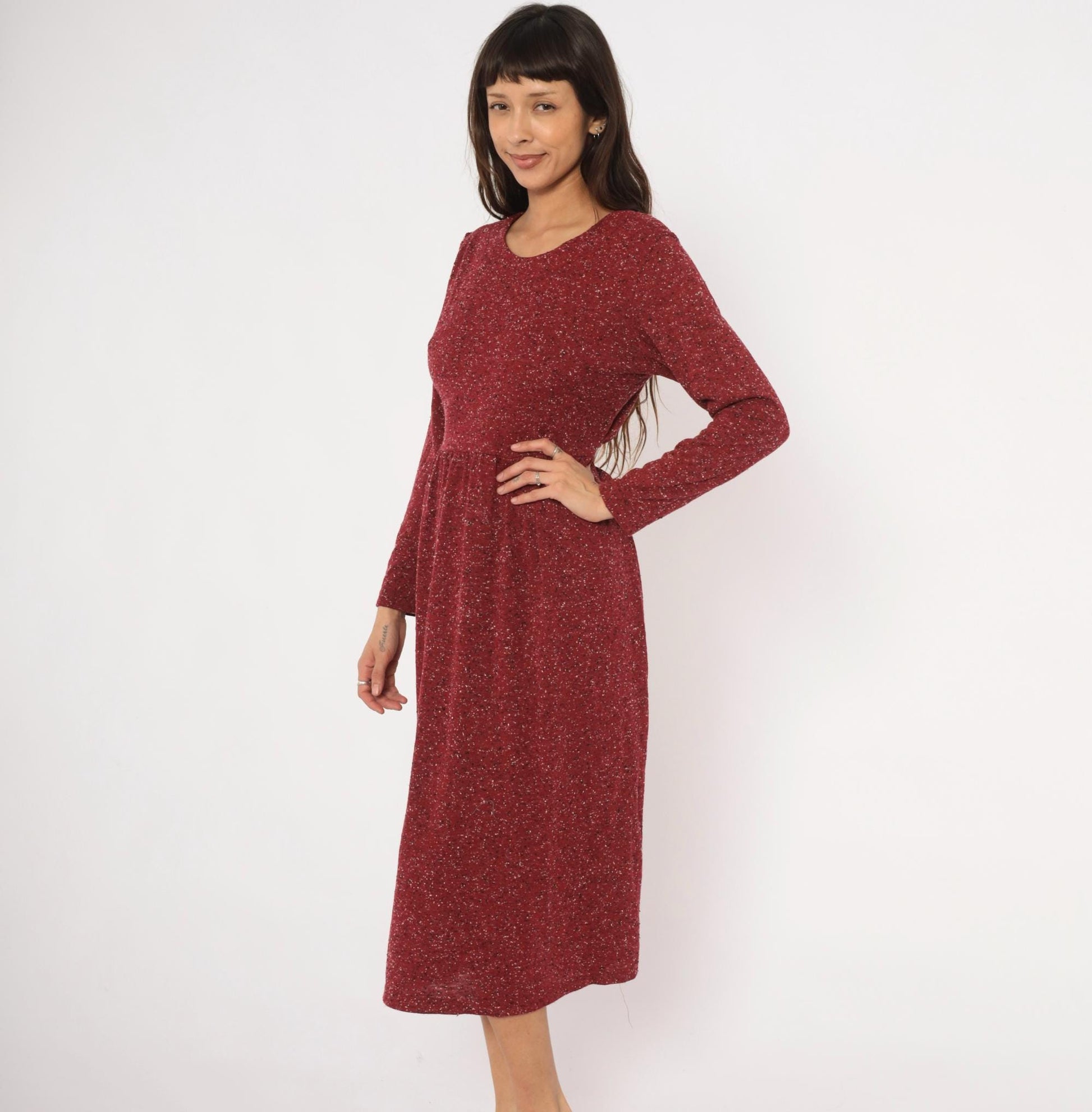 90s Alias Burgundy Speckled Knit Midi Dress Tie Back Medium M