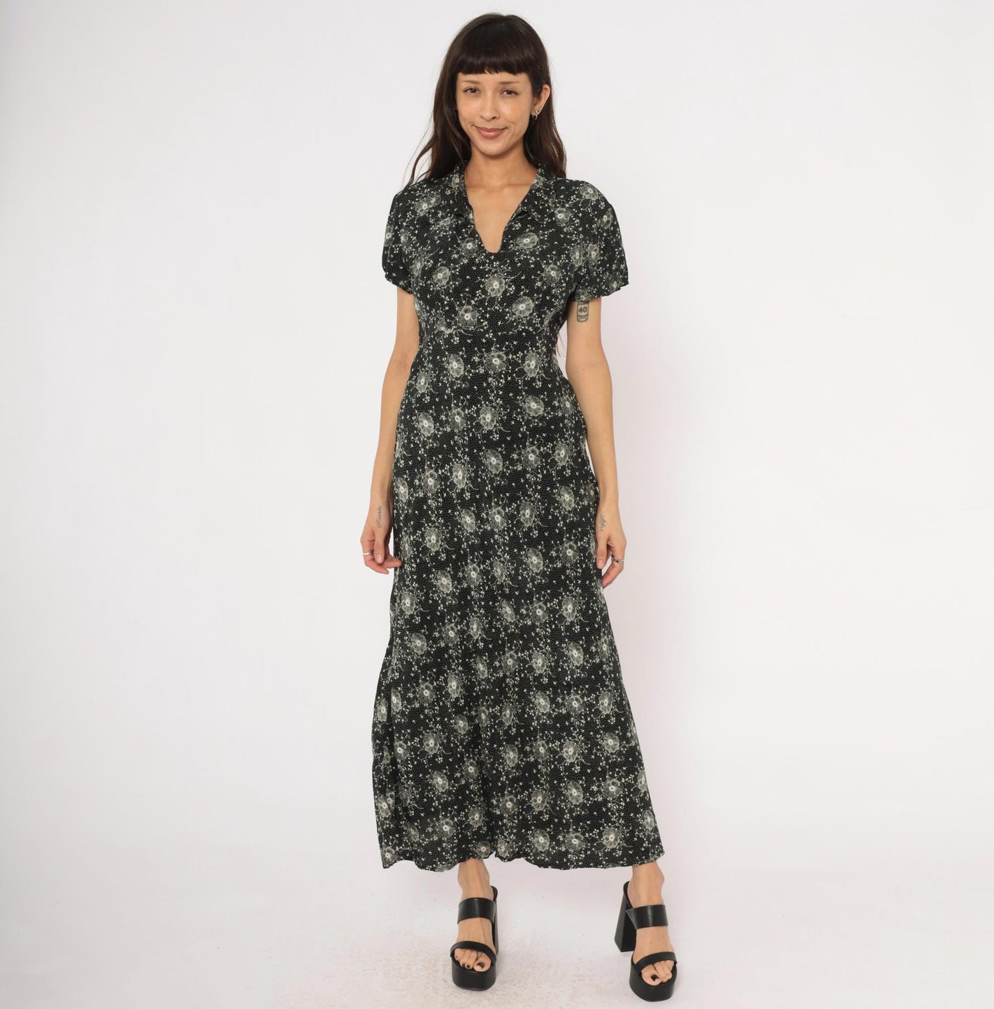 90s Scarlett Black Floral Maxi Dress White Dotted Short Sleeve Collared Large L
