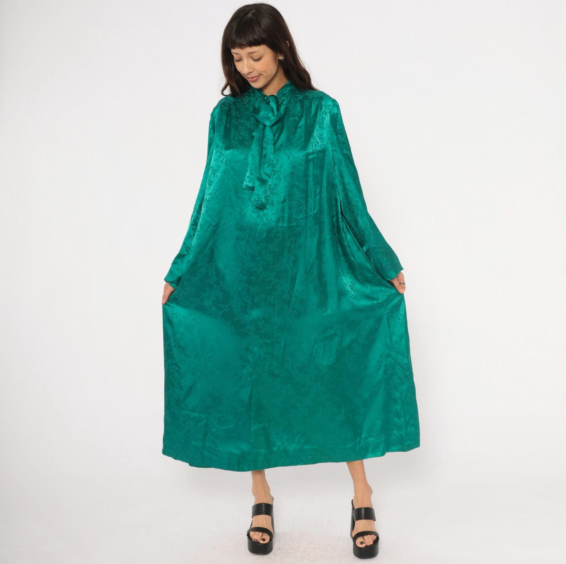 90s Teal Jacquard Maxi Dress Pussy Bow Balloon Sleeve Damask Emerald Extra Large