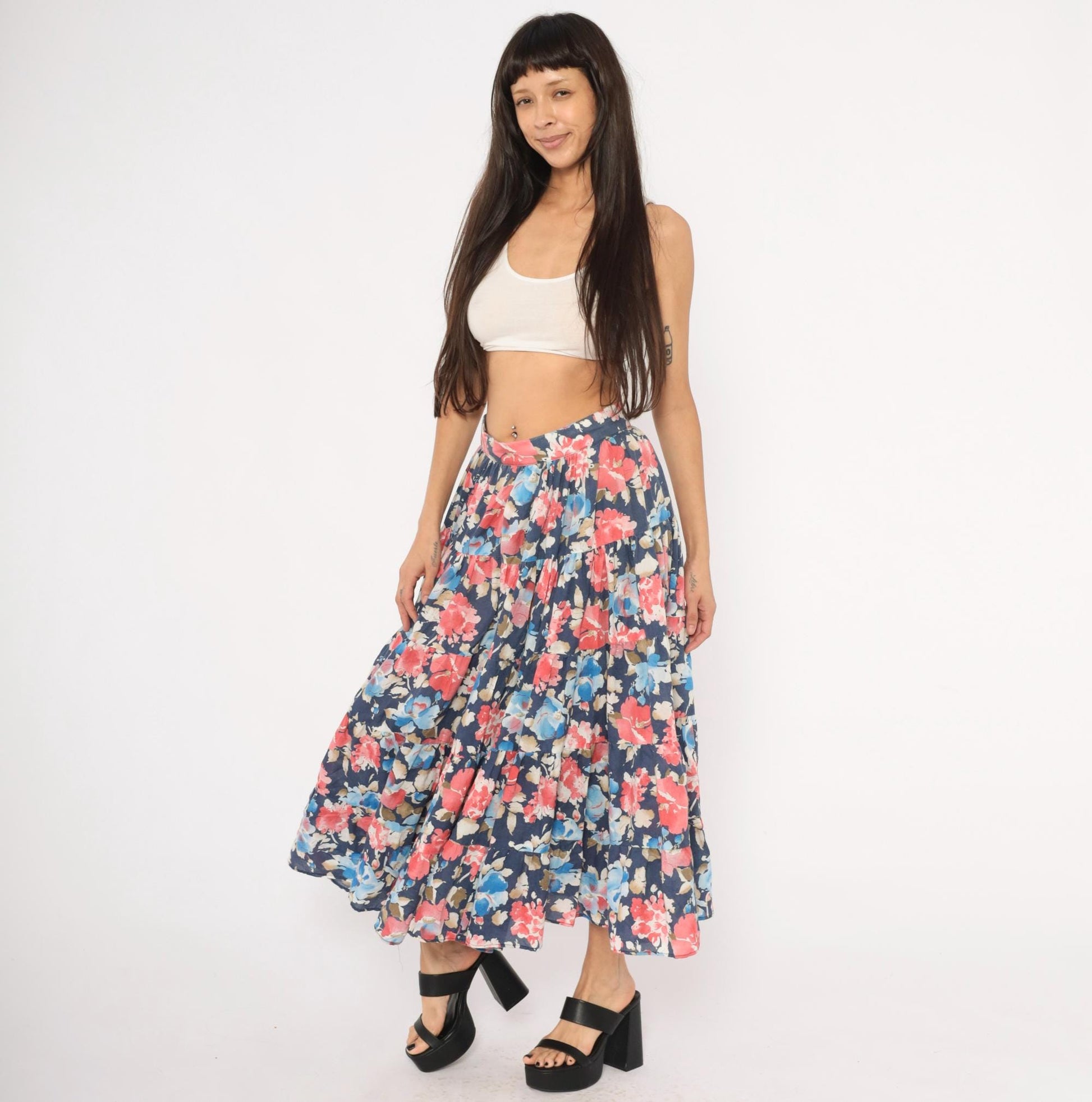 80s Navy Floral Tiered Cotton Midi Skirt Watercolor Print Large L