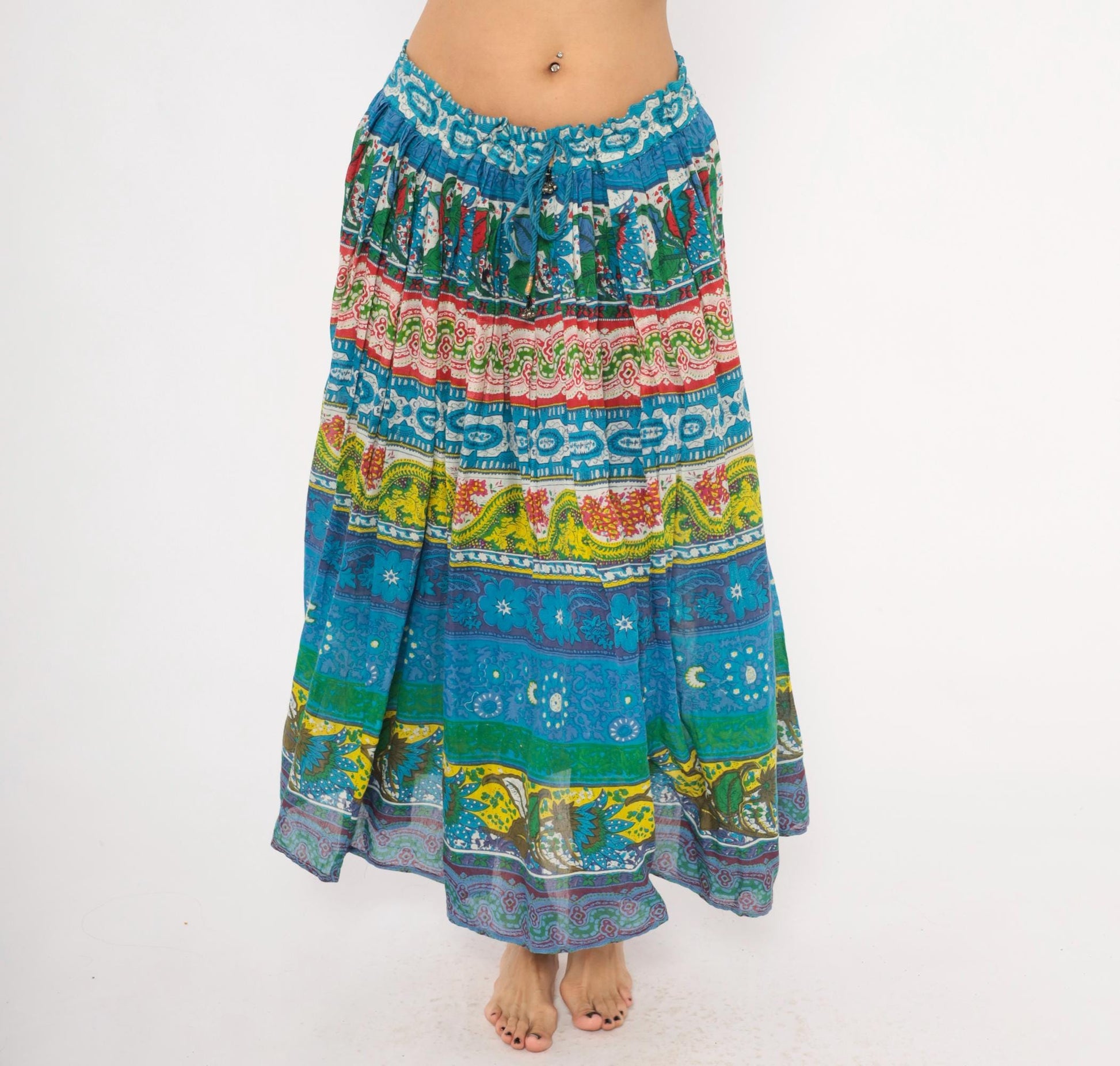 90s Anabell Tiered Maxi Skirt Cobalt Blue Paisley Floral Gauze Extra Large XXL