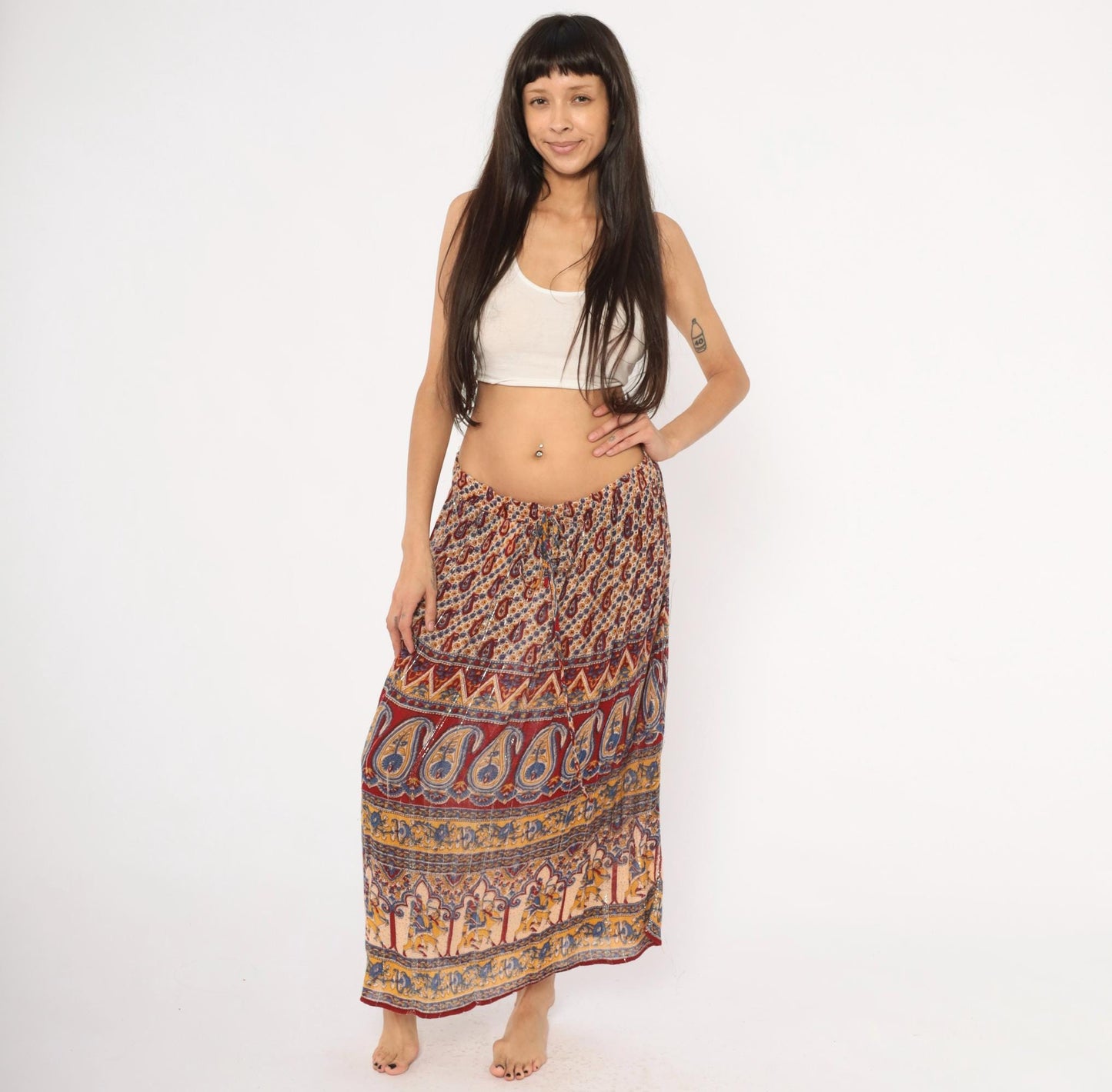 Y2K Lotus Indian Maxi Skirt Burgundy Paisley Gold Drawstring Waist Extra Large XXL