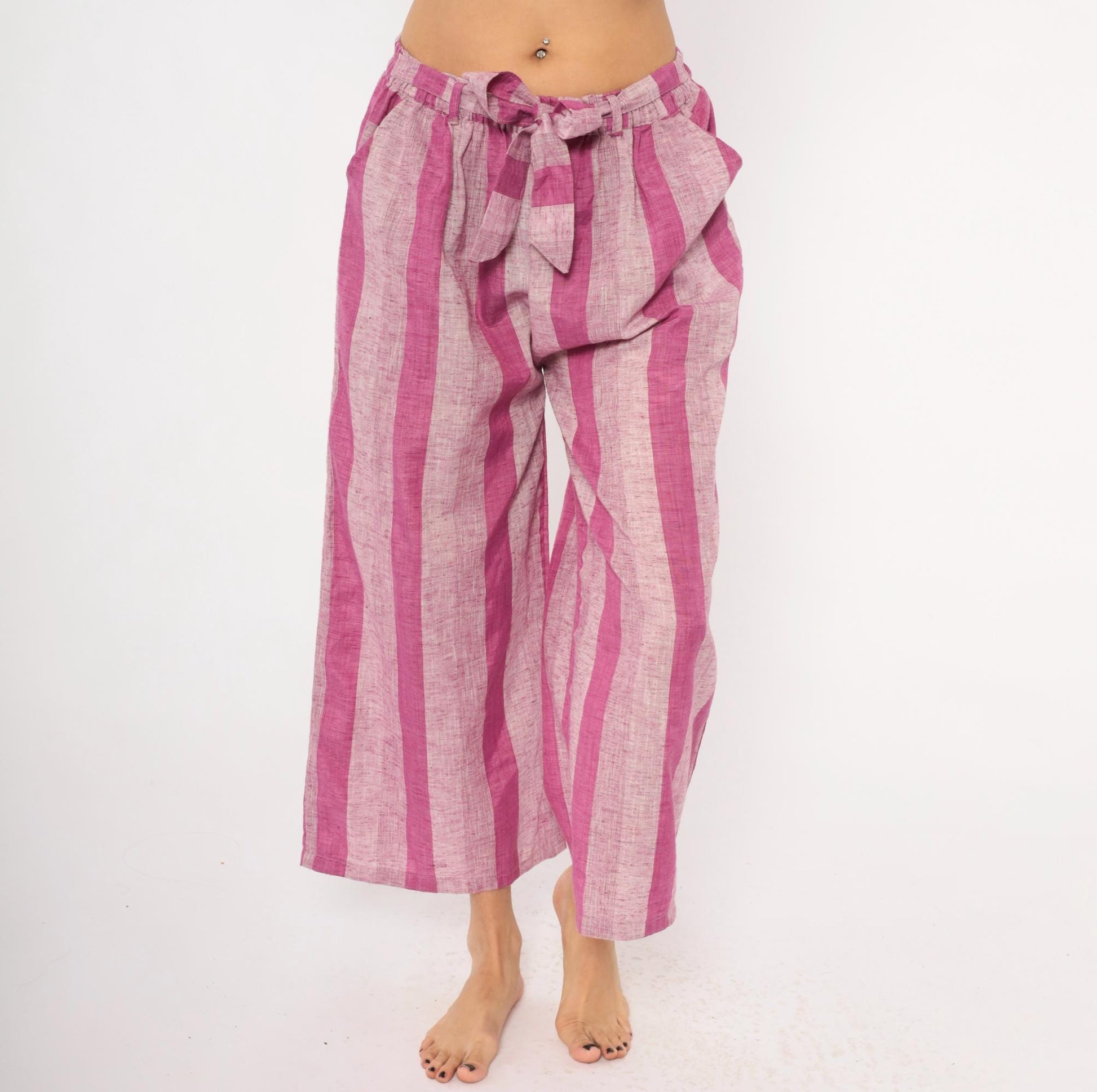 2000s Pink Plum Striped Wide Leg Cropped Pants Cotton Tie Waist Plus Size XXL