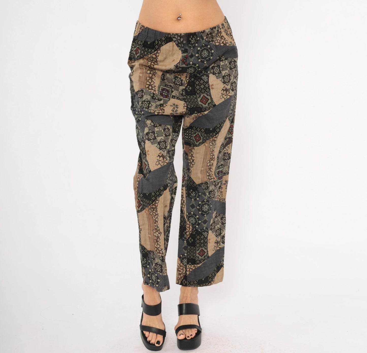 90s Patchwork Print Wide Leg Trousers Black Floral Geometric Elastic Waist Medium M