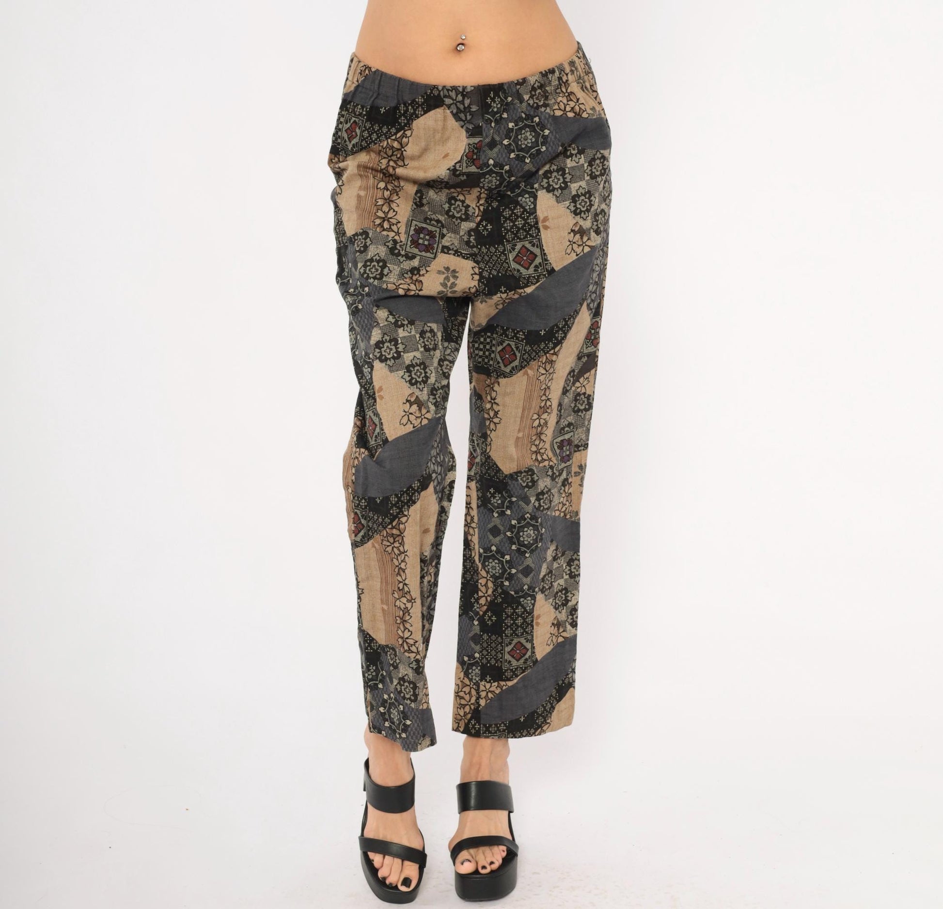 90s Patchwork Print Wide Leg Trousers Black Floral Geometric Elastic Waist Medium M