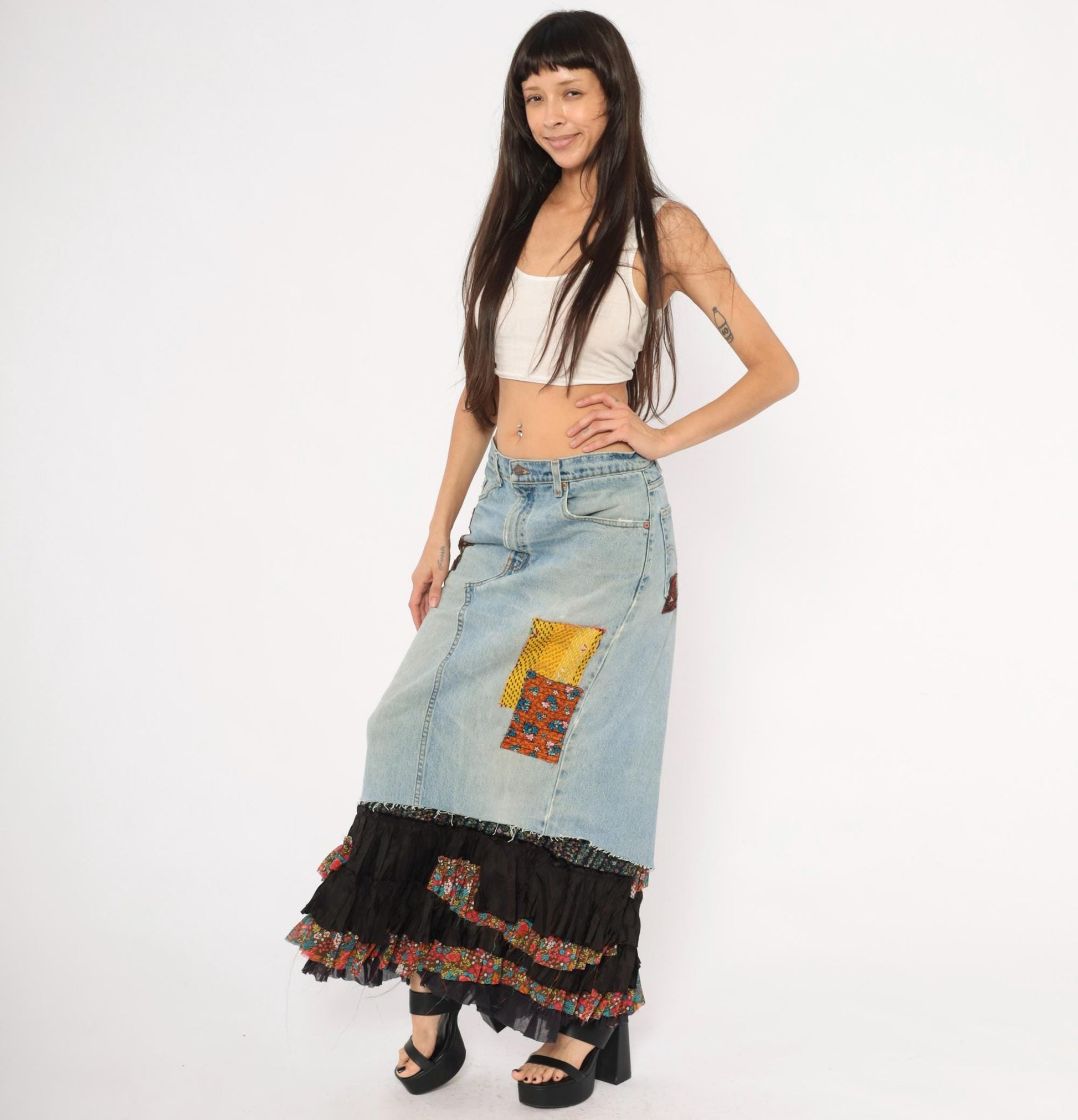00s FP One Free People Patchwork Denim Maxi Skirt Light Wash Ruffled Small