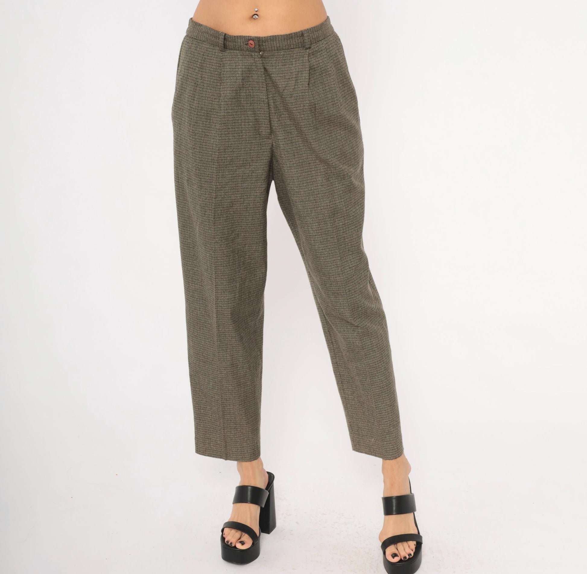90s Requirements Houndstooth Pleated Trousers Olive High Waist Tapered Petite 8P
