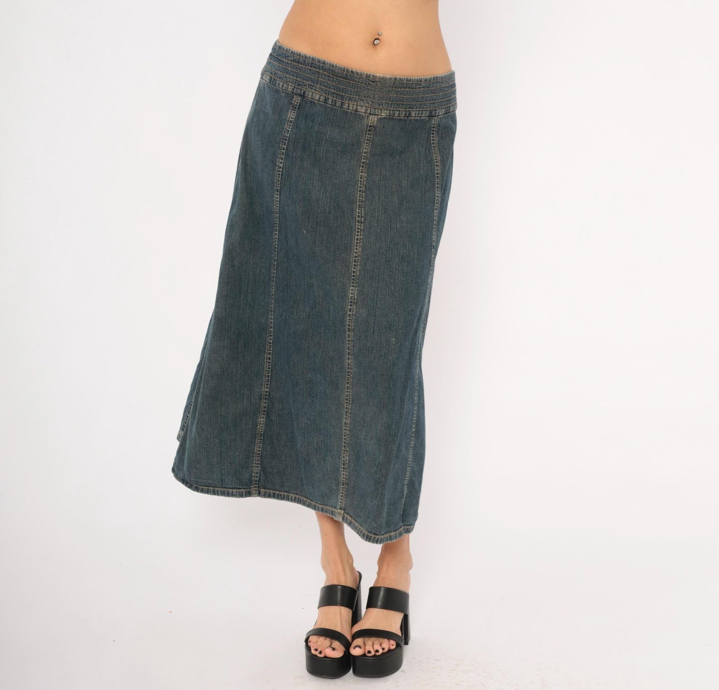 2000s Tommy Hilfiger Denim Midi Skirt Navy A-Line Low Rise Medium M