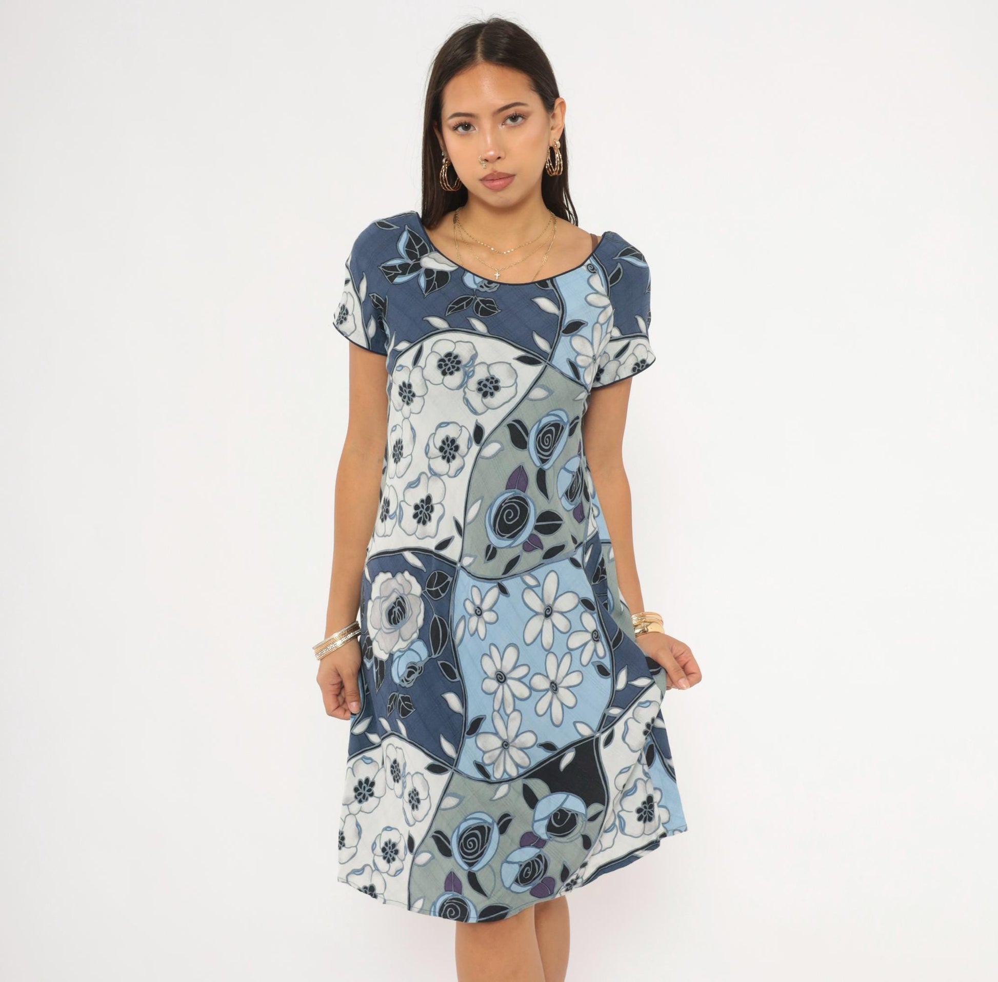 Y2K Iolani Patchwork Floral Mini Dress Navy Sky Blue Rayon Small