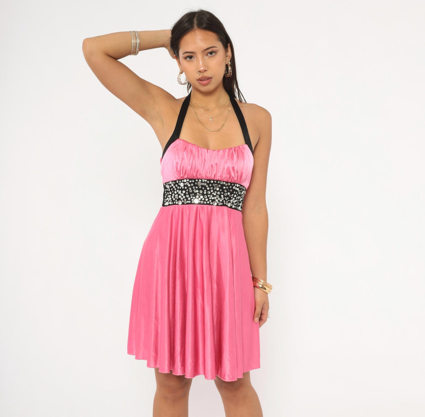 Y2K Speechless Pink Satin Halter Mini Dress Rhinestone Empire Waist Small S