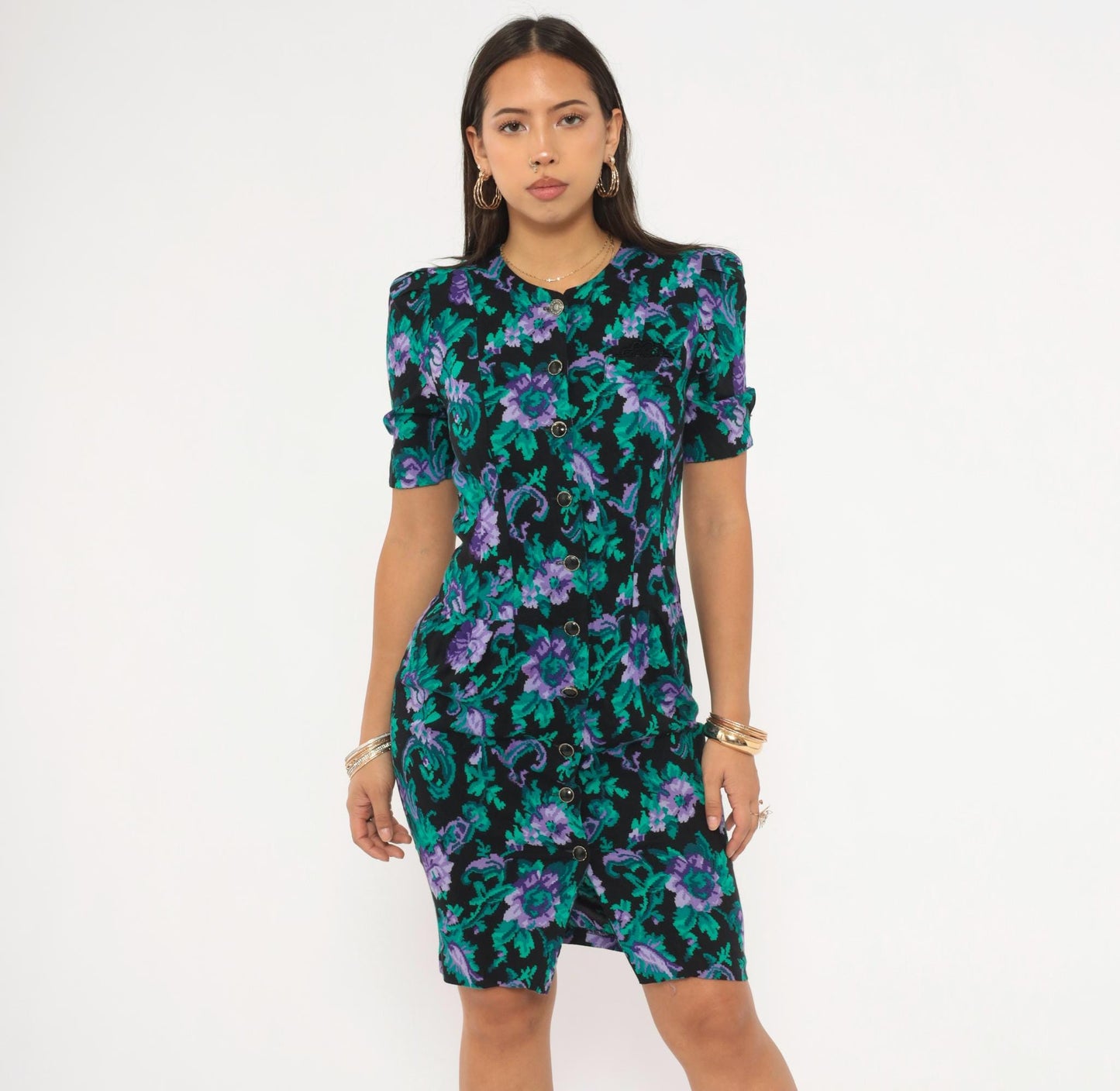 90s Petite Jazz Floral Sheath Dress Puff Sleeve V-Neck Black Teal Purple Extra Small XS