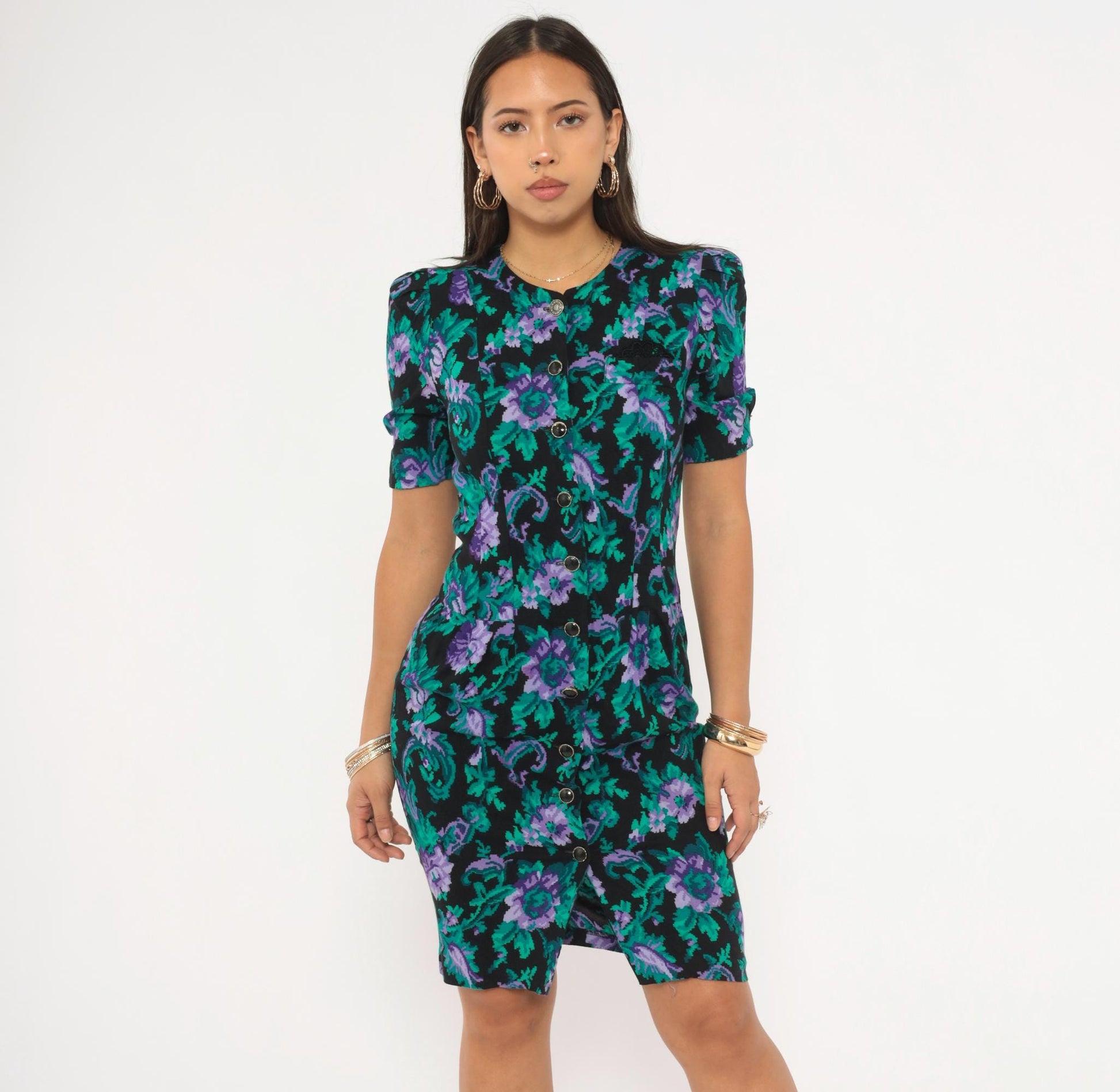 90s Petite Jazz Floral Sheath Dress Puff Sleeve V-Neck Black Teal Purple Extra Small XS