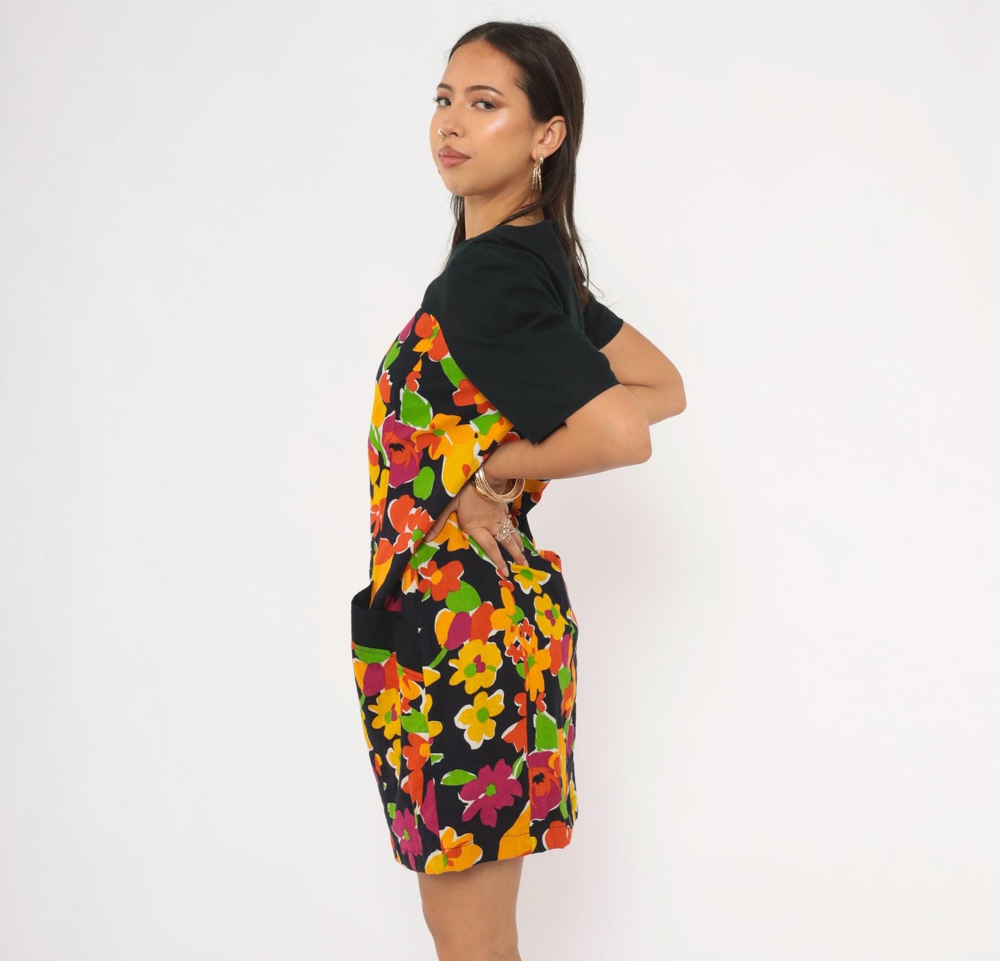 90s Gigi Psychedelic Floral Shift Dress Black Orange Pink Knee Length Medium M