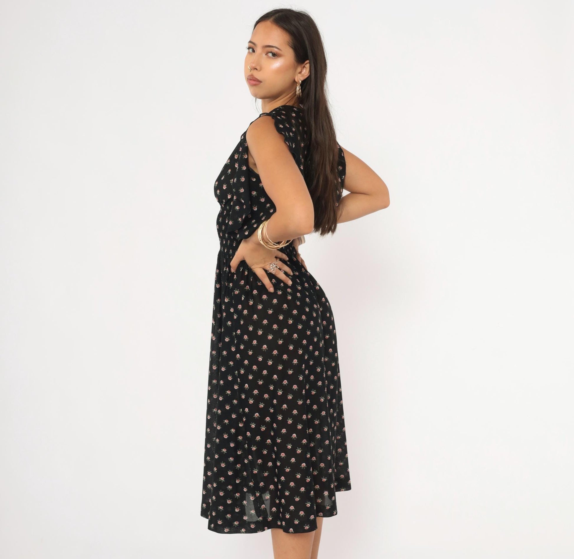 70s Act 1 New York Floral Midi Dress Flutter Sleeve Black Rose Print Small Medium